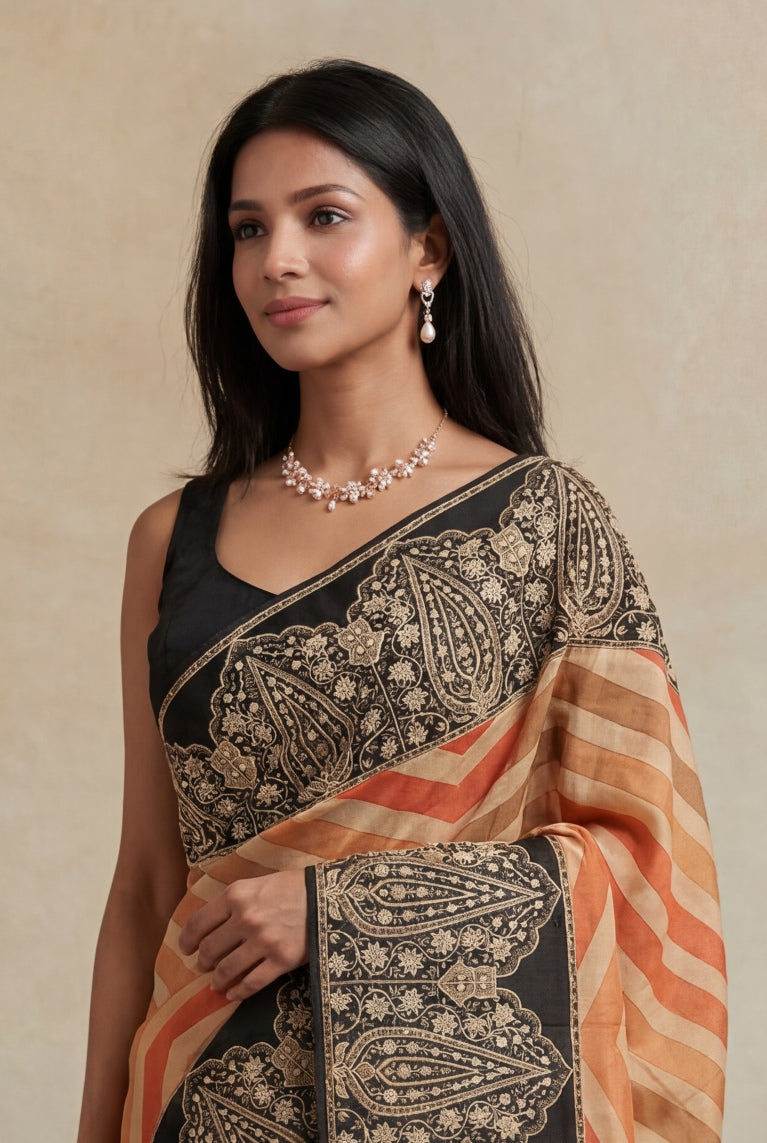 Cream Peach Tussar Silk Saree