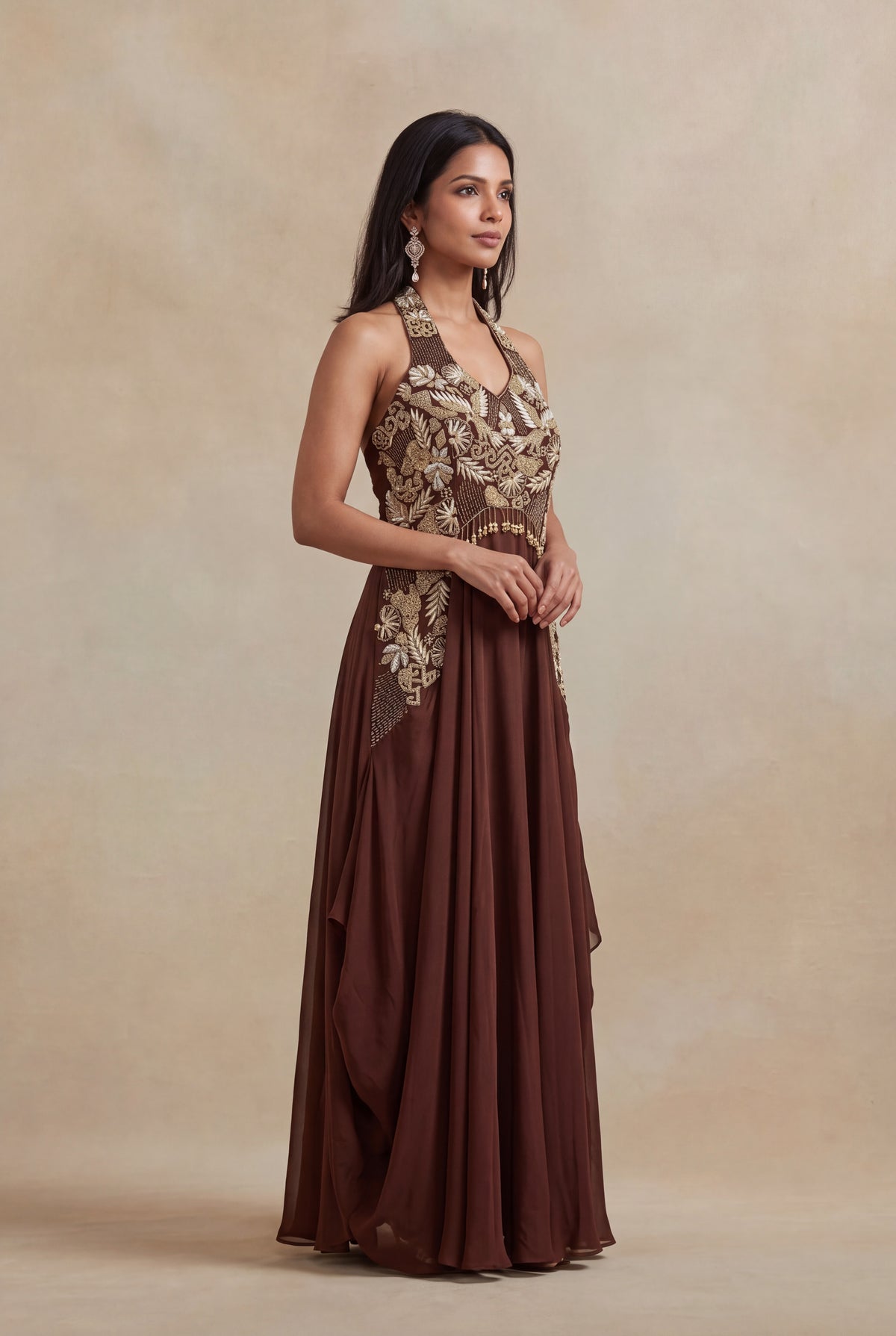 Brown Satin Silk Sequin Embroidered Western Gown - Mokshaa
