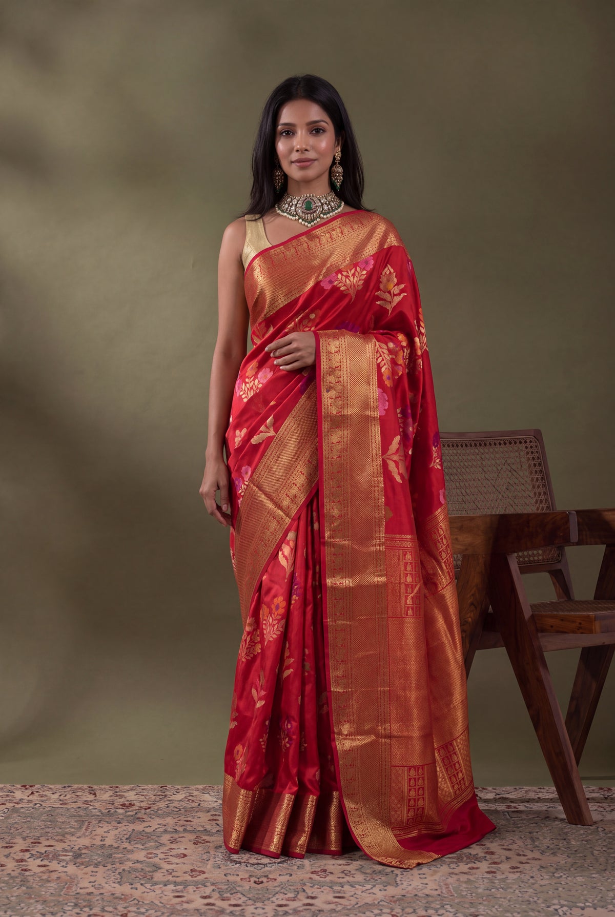 Red Banarasi Silk Saree with Kanjivaram Border - Mokshaa