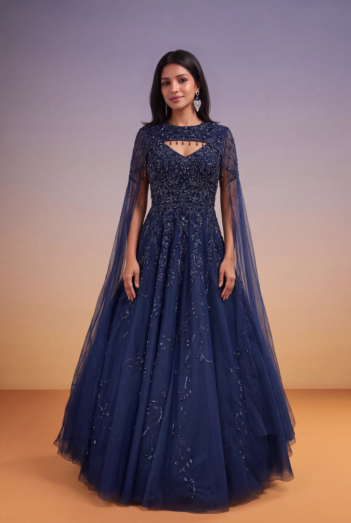 Navy Blue Katdana & Sequin Net Gown with Cape - Mokshaa