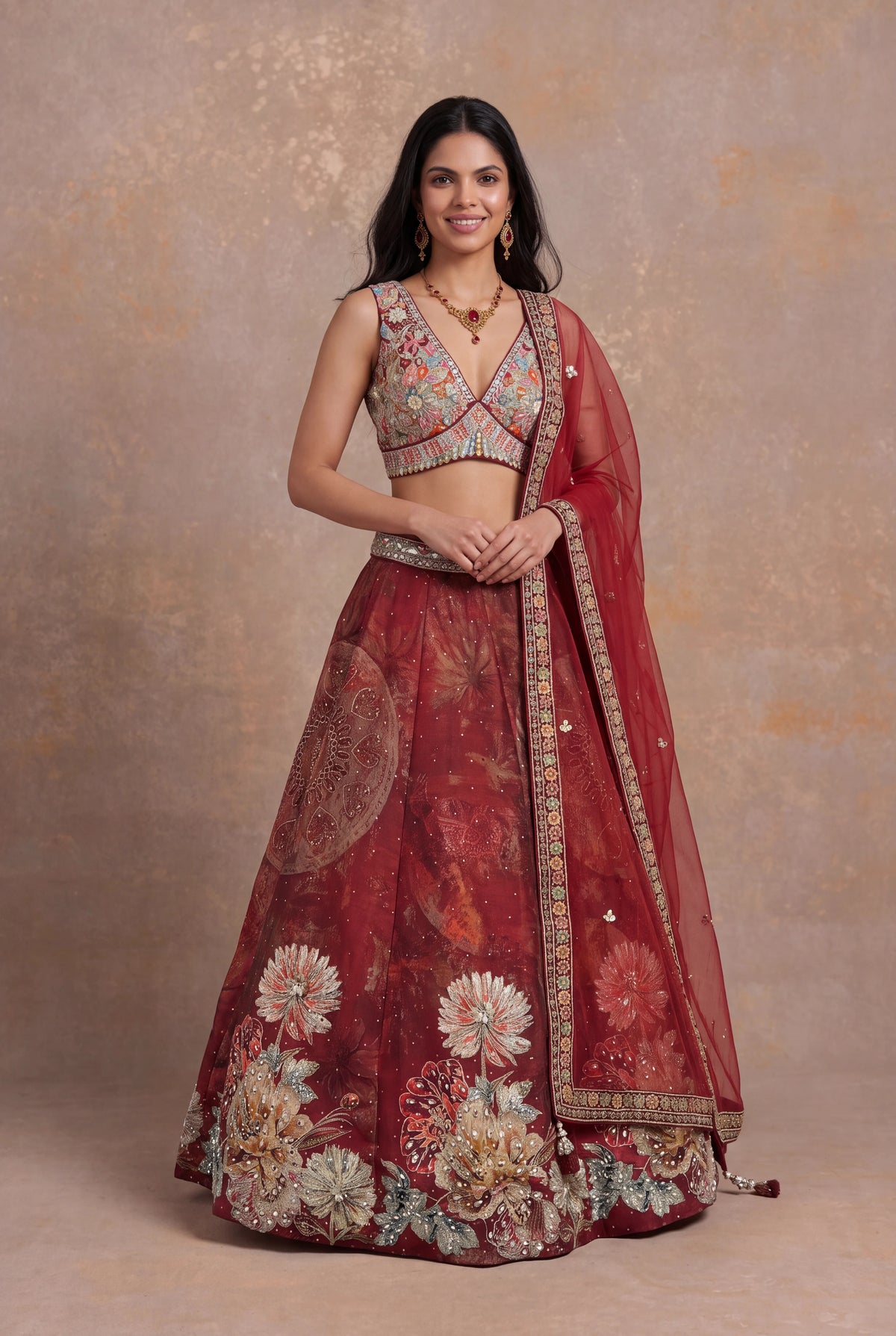 Deep Red Printed Silk Lehenga Set with Mirror Work - Mokshaa