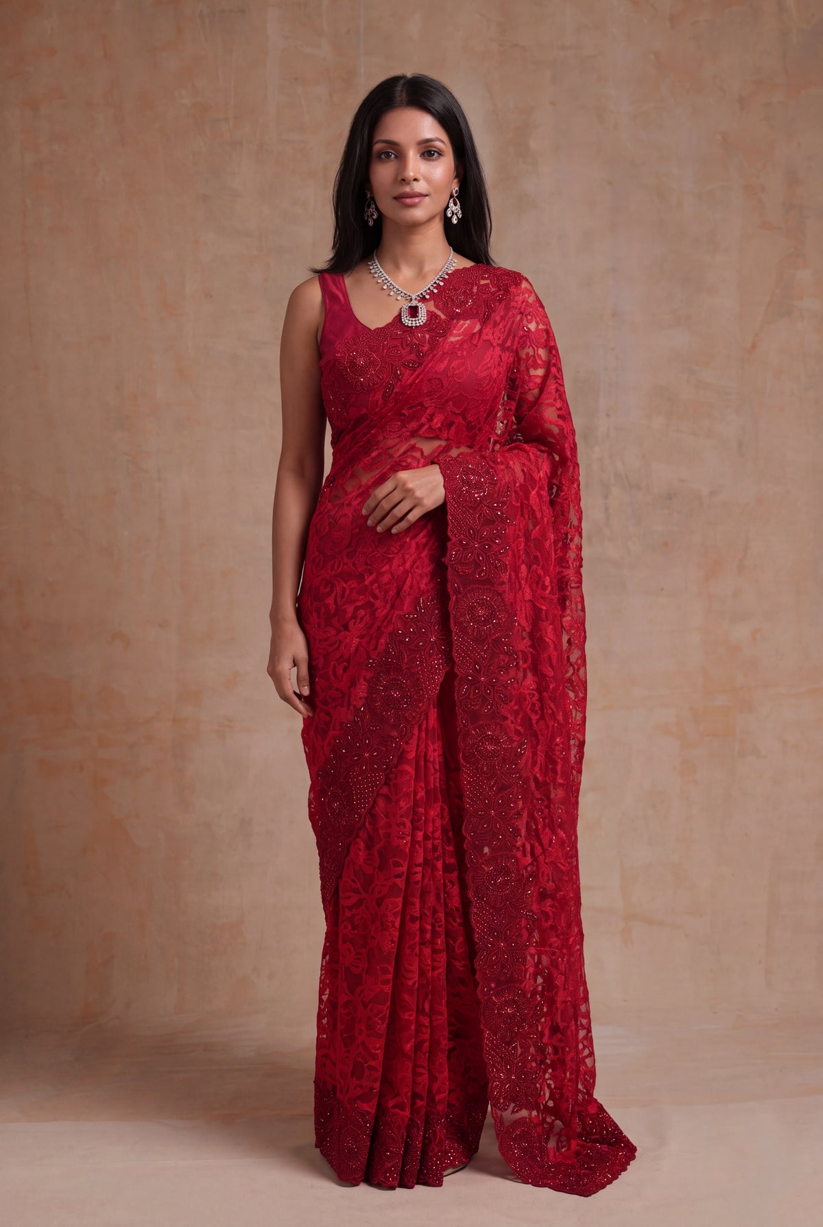 Red Net Saree with Sequin Jaal Work - Mokshaa