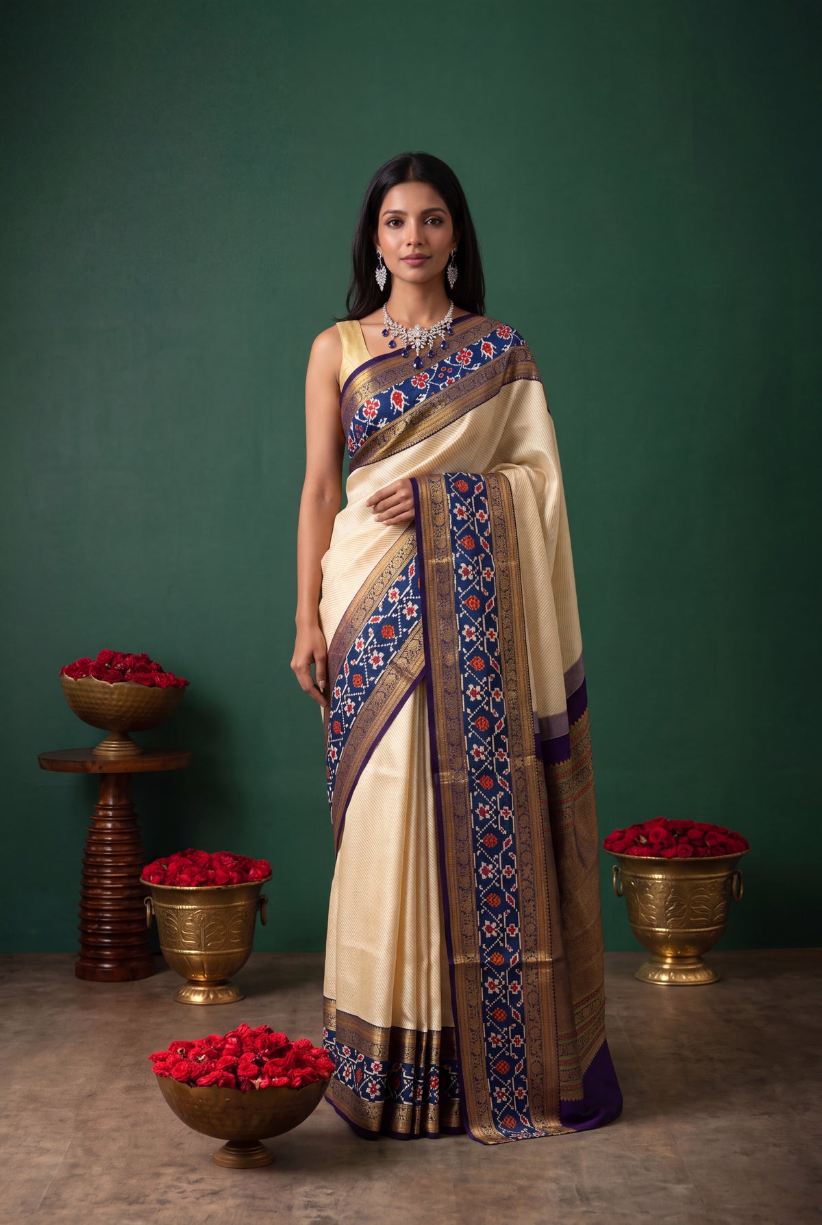 Light Gold Kanchivaram Silk Fusion Saree - Mokshaa
