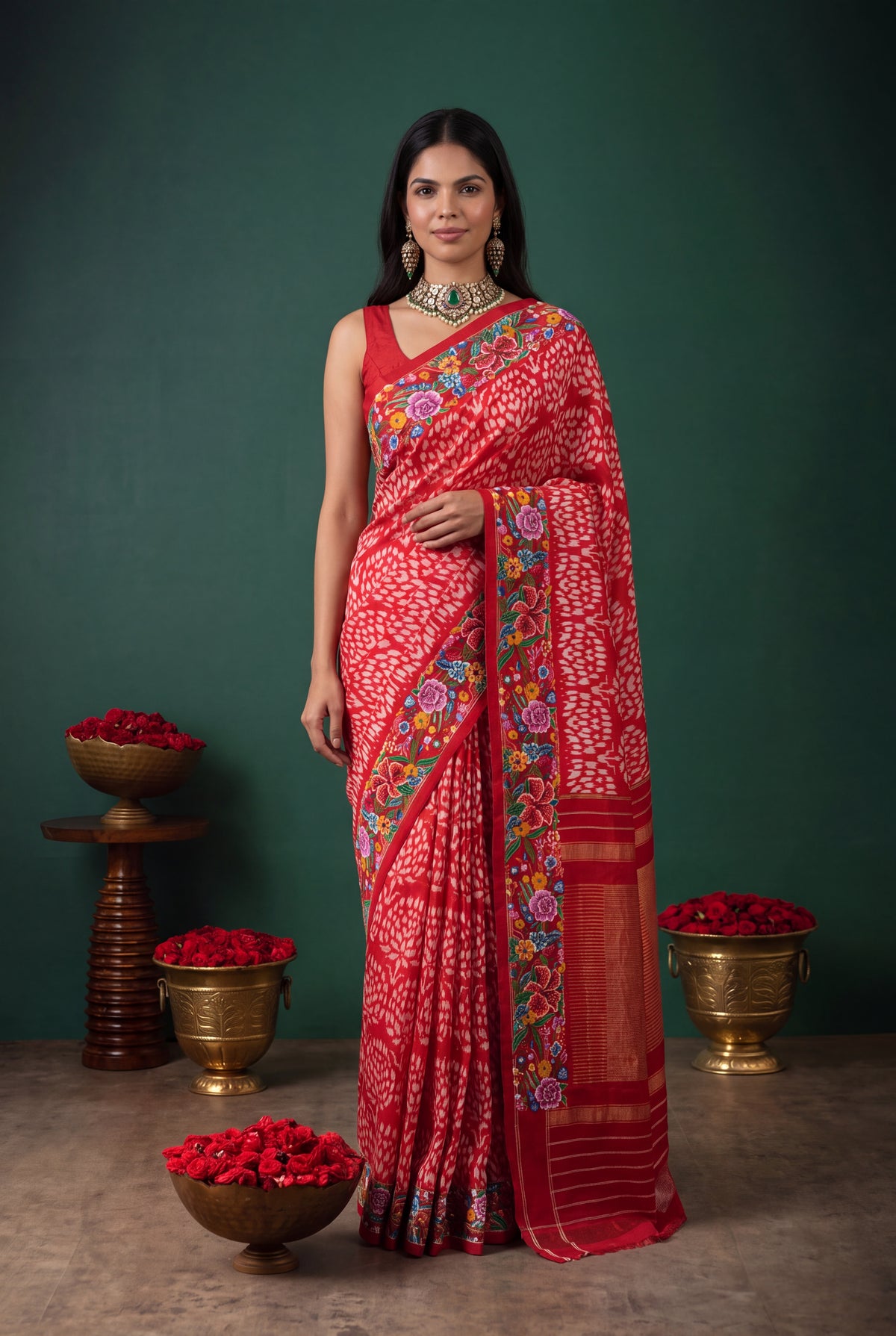 Red Ikat Silk Saree with Petit Point Border - Mokshaa