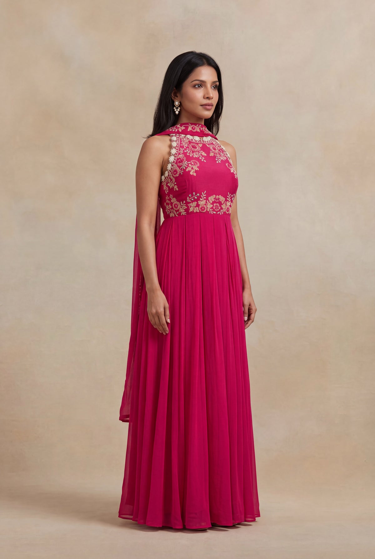 Rani Pink Embroidered Gown with Choker Dupatta - Mokshaa
