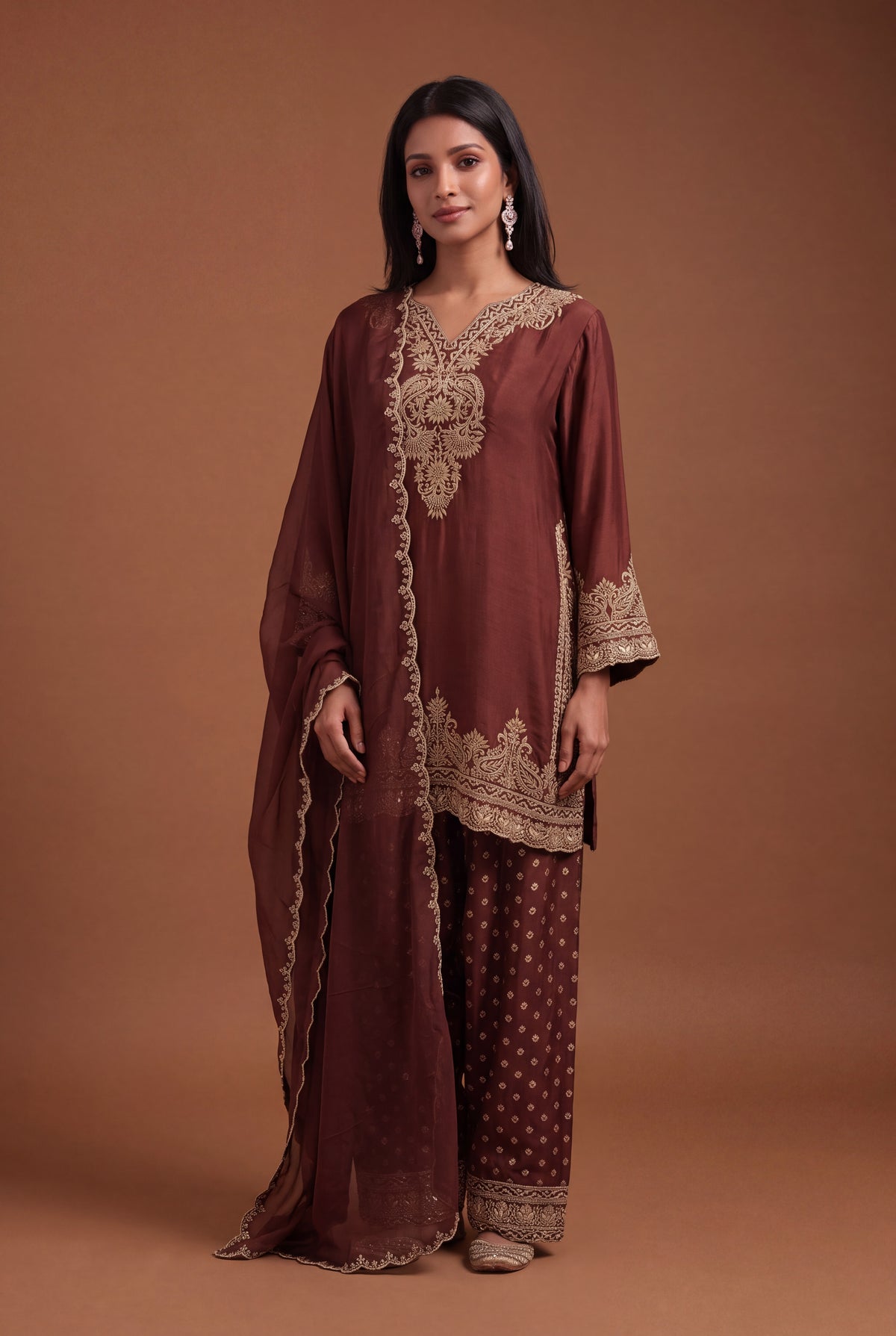Brown Raw Silk Zardosi Indo-Western Set - Mokshaa