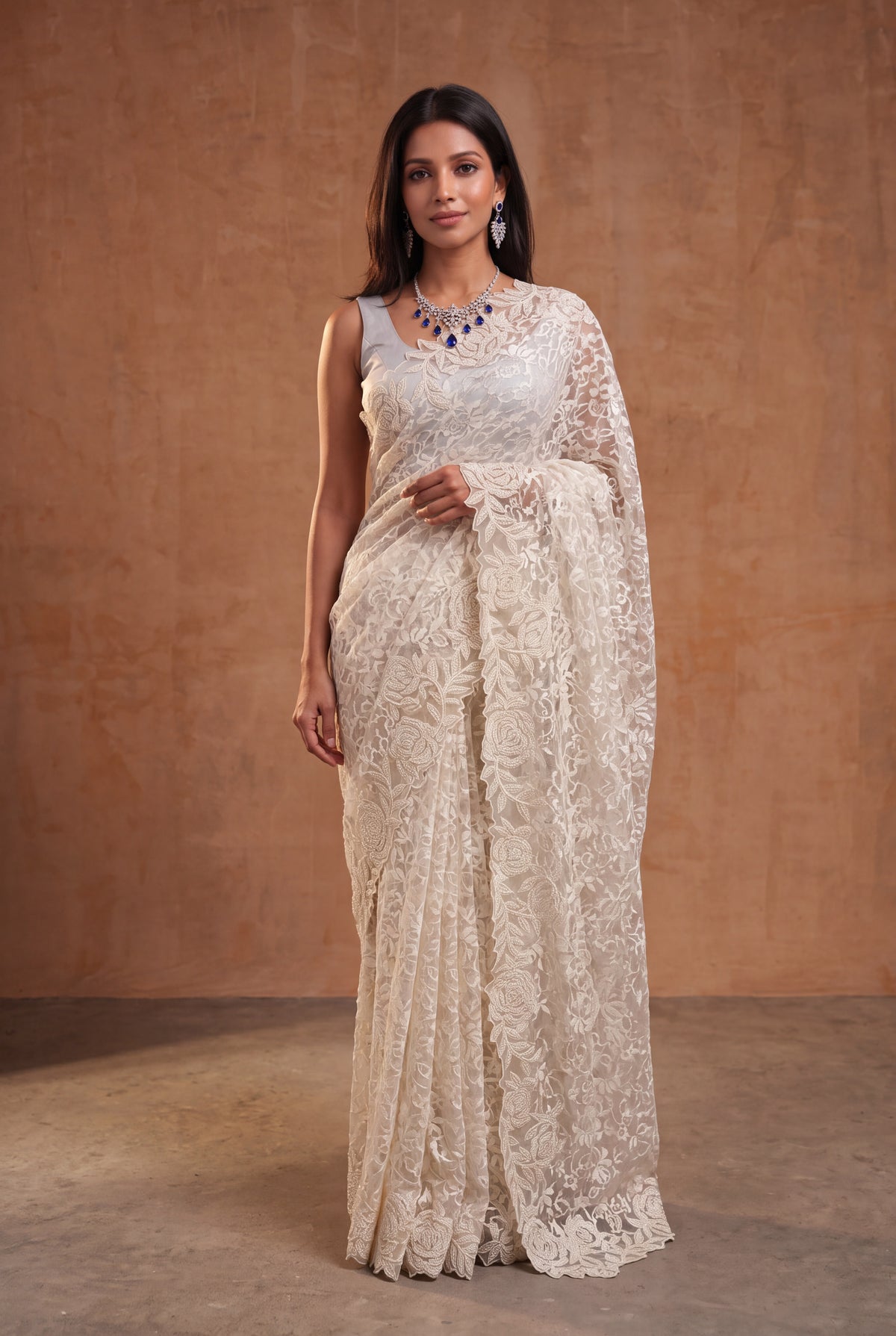 Off-White Lace Saree with Appliqué Work - Mokshaa