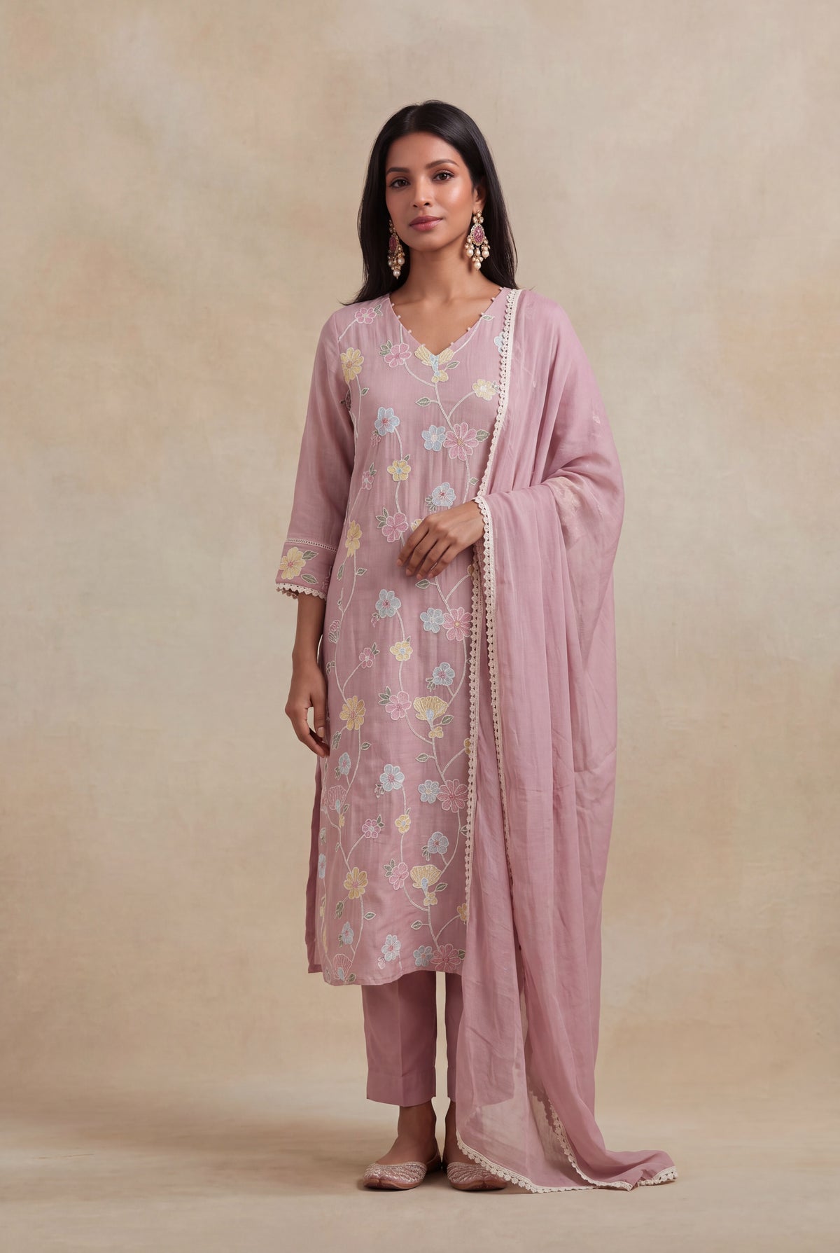 Dusty Rose Mul Cotton Embroidered Kurti Set - Mokshaa