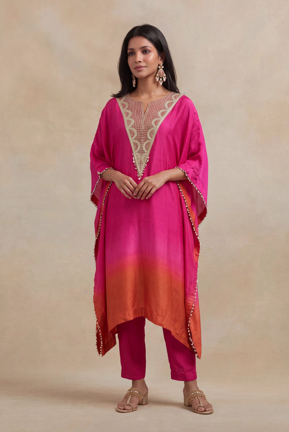 Pink & Orange Raw Silk Embellished Kaftan Set - Mokshaa