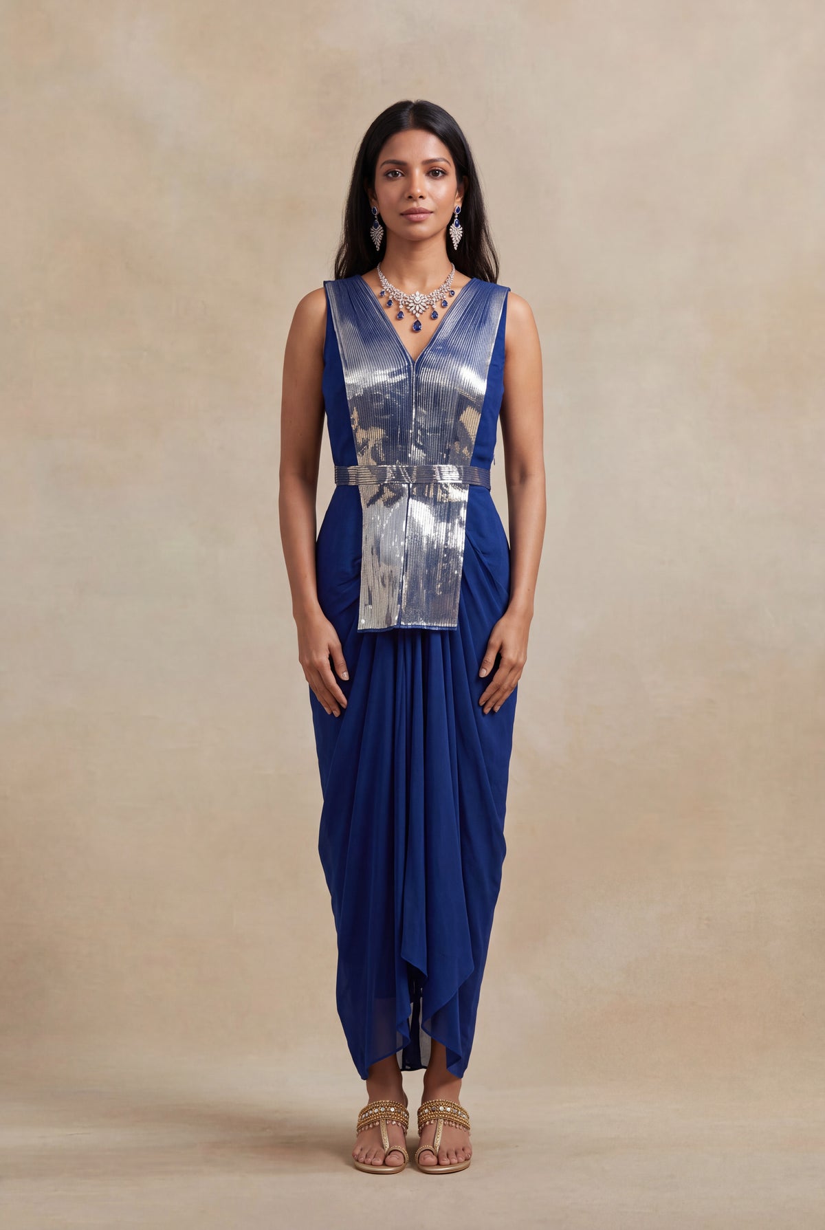 Royal Blue Indo-Western Drape Dress - Mokshaa