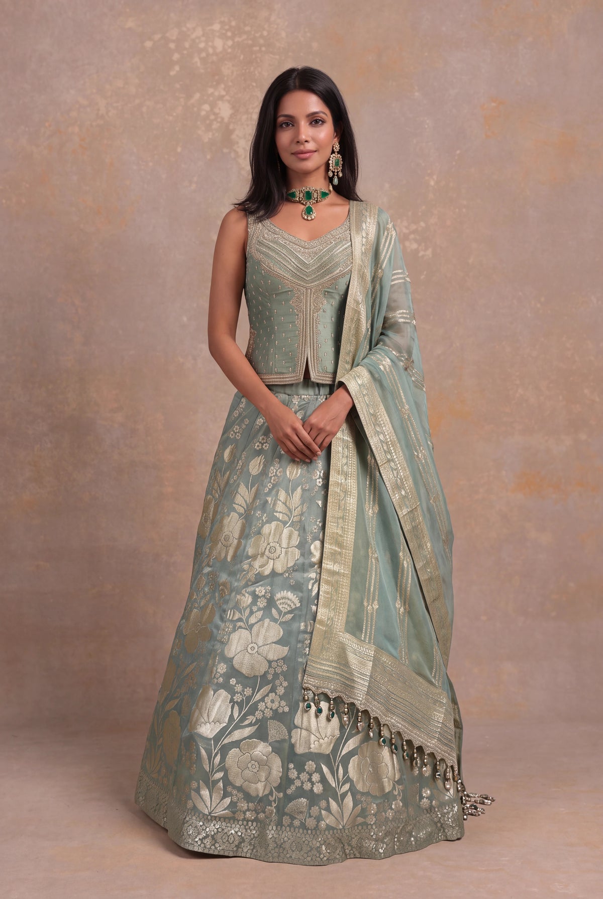 Sage Green Banarasi Tissue Silk Lehenga with Embellished Blouse - Mokshaa