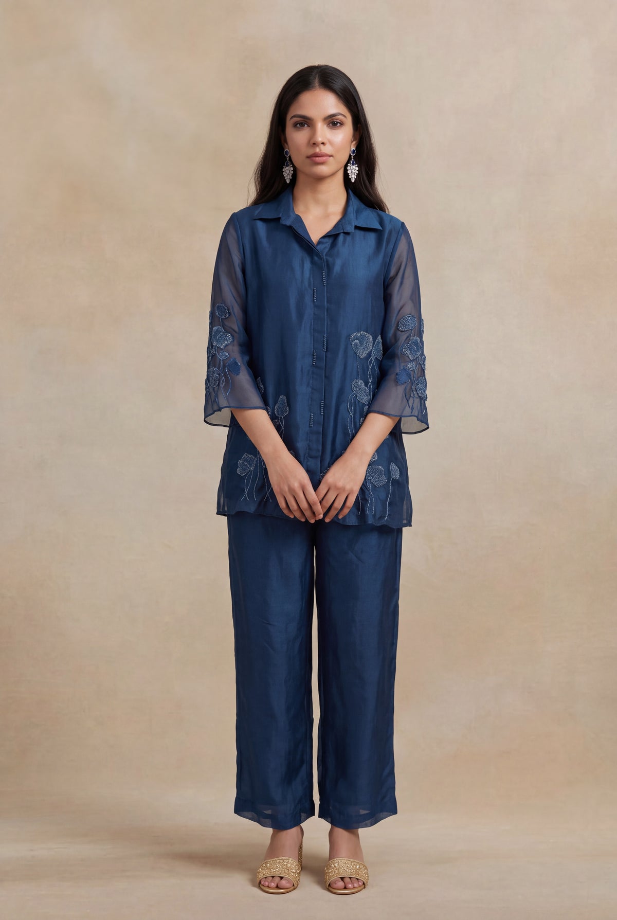 Navy Blue Organza Co-ord Set - Mokshaa