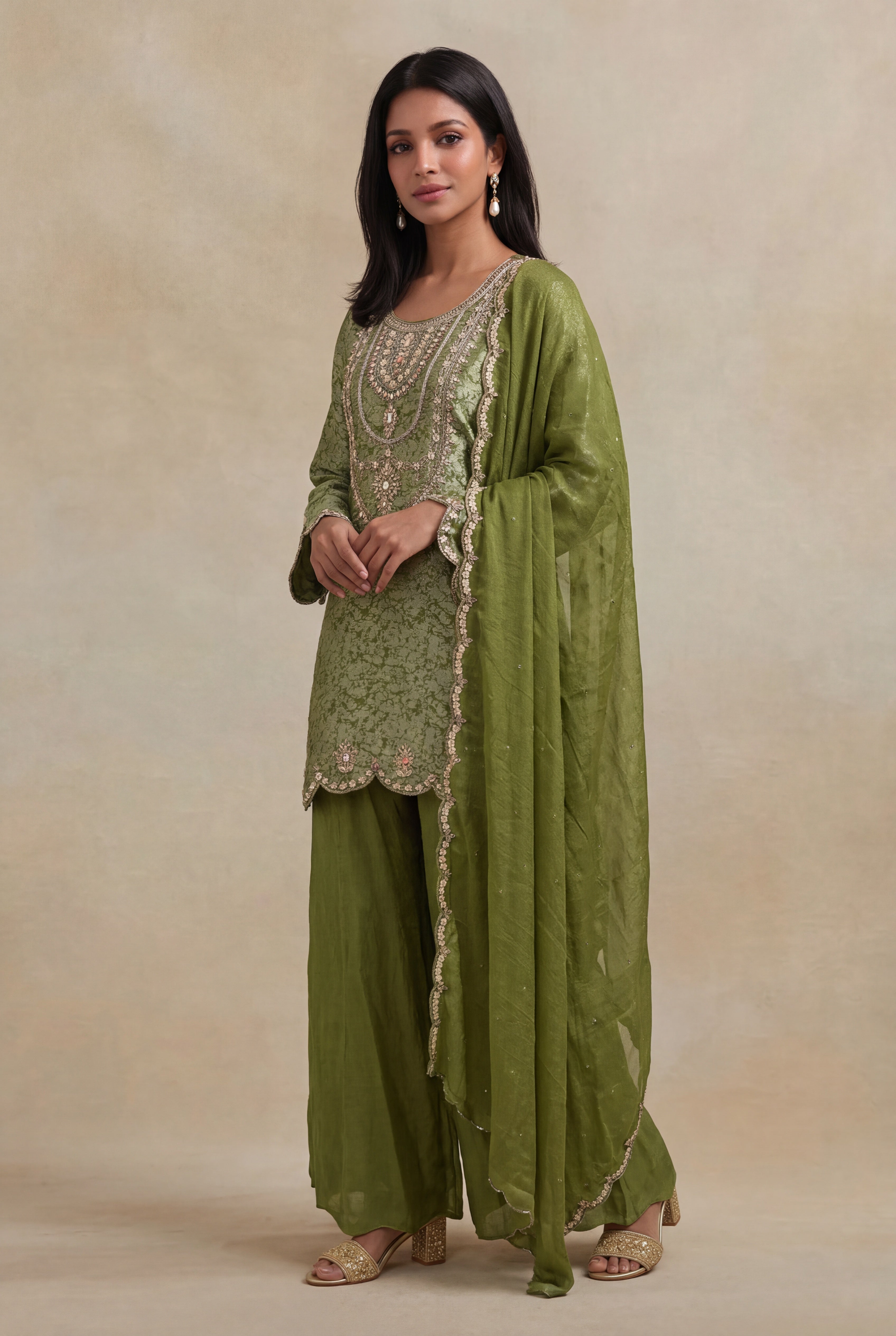 Parrot Green Tissue Short Kurta Sharara Set