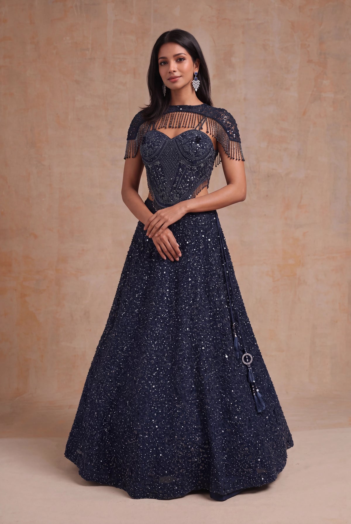 Navy Blue Indo-Western Net Lehenga - Mokshaa