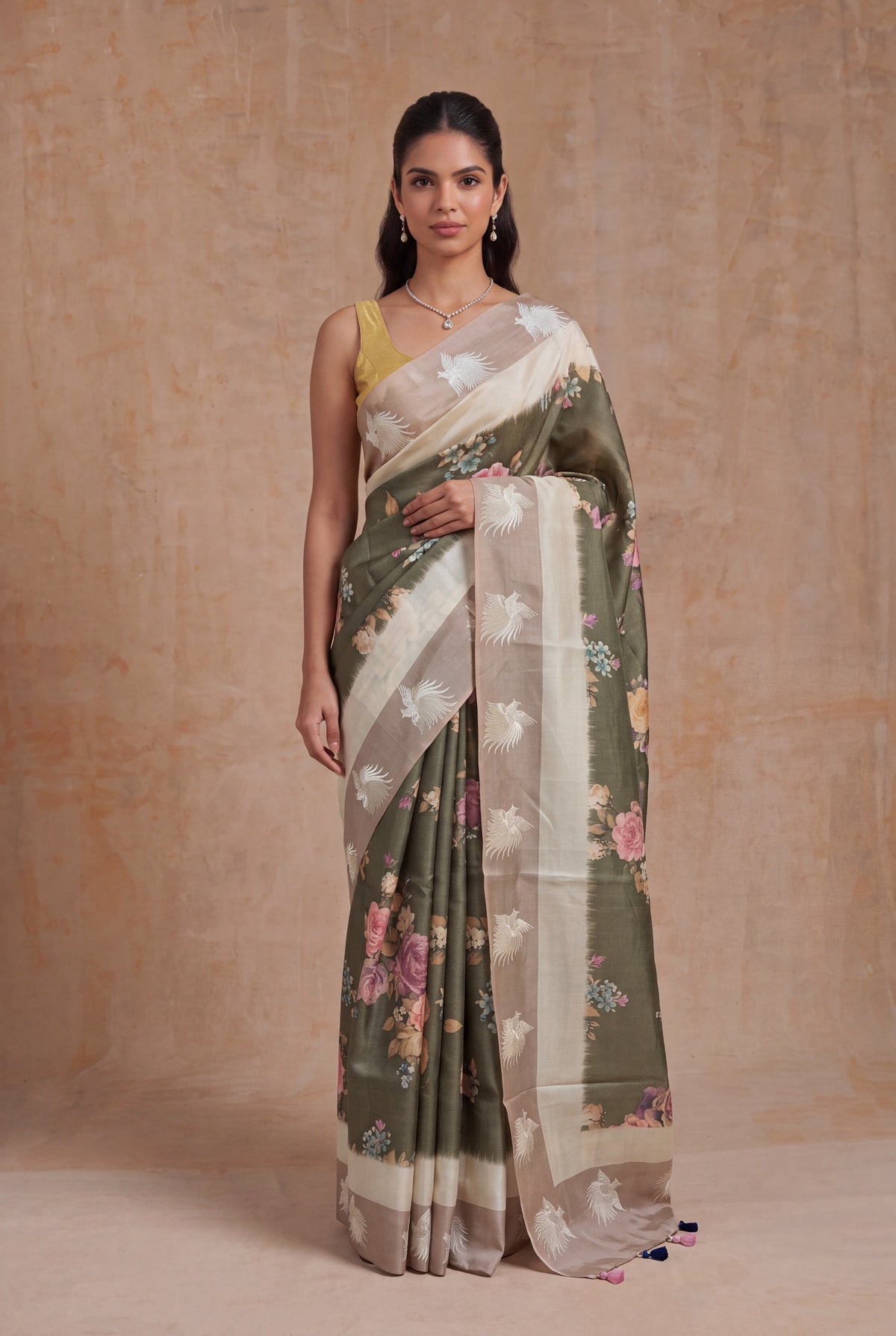 Olive Green Tussar Silk Saree - Mokshaa
