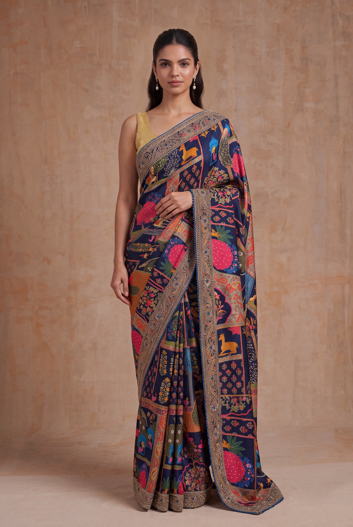 Navy Blue Digital Print Satin Saree - Mokshaa