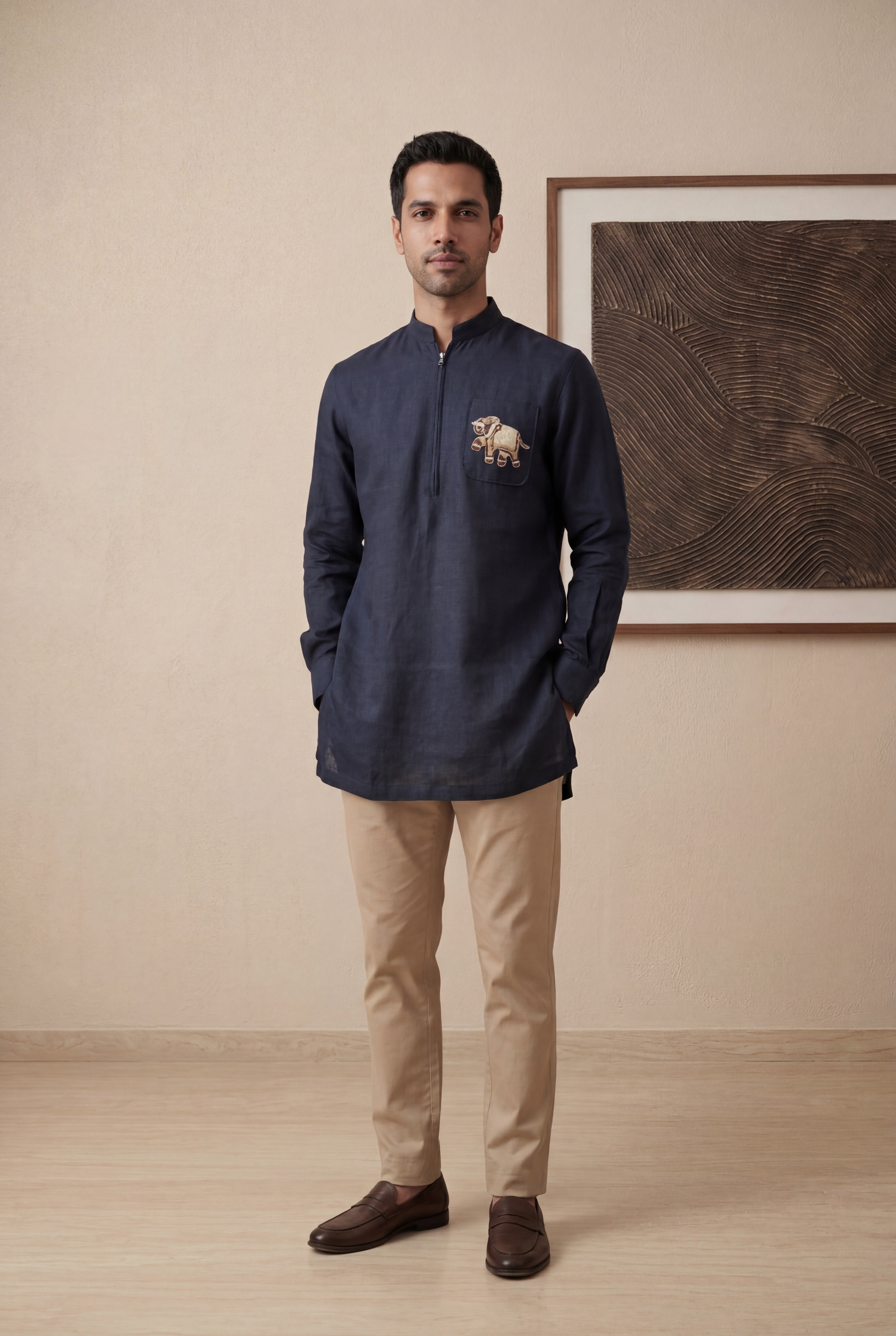 Navy Blue Linen Short Kurta with Elephant Embroidery