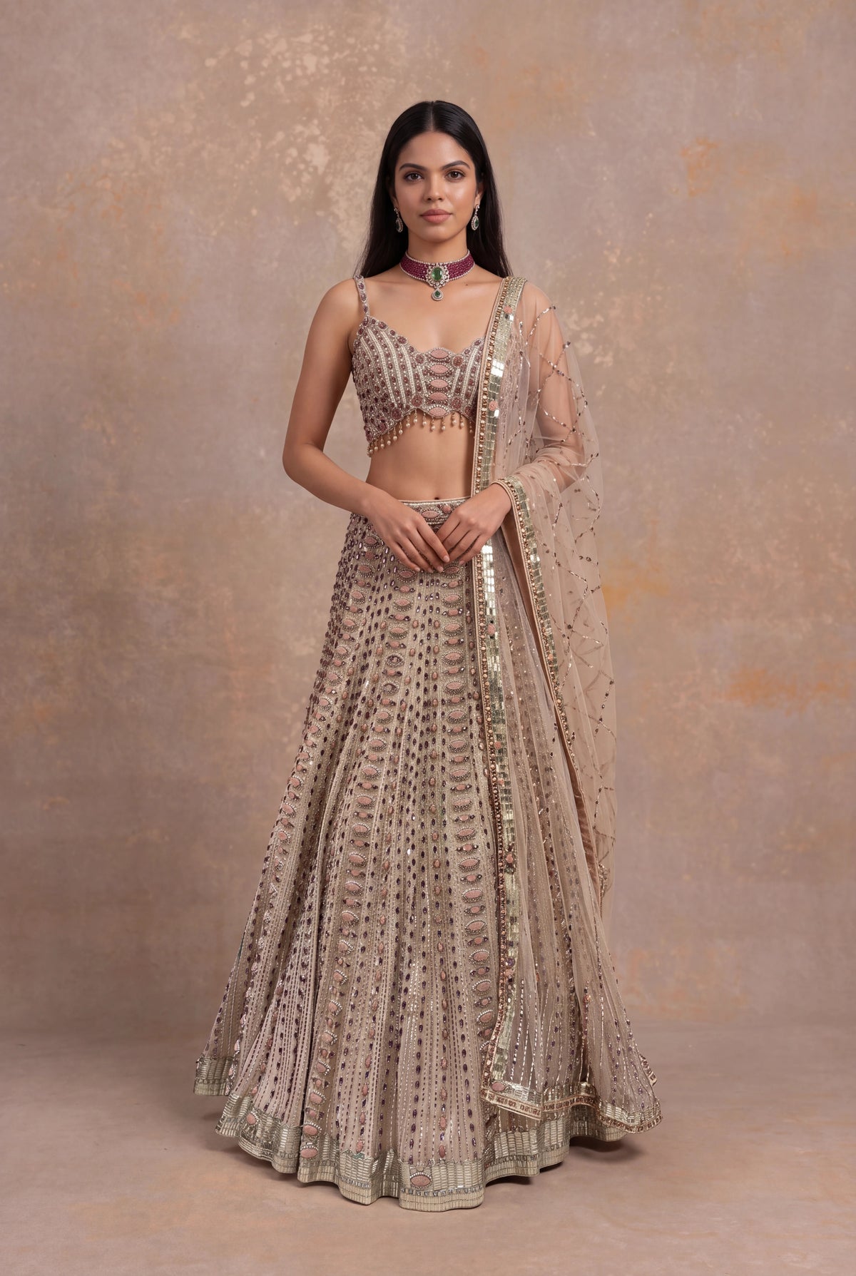 Light Peach Silk Lehenga Set with Stone and Pearl Embroidery - Mokshaa
