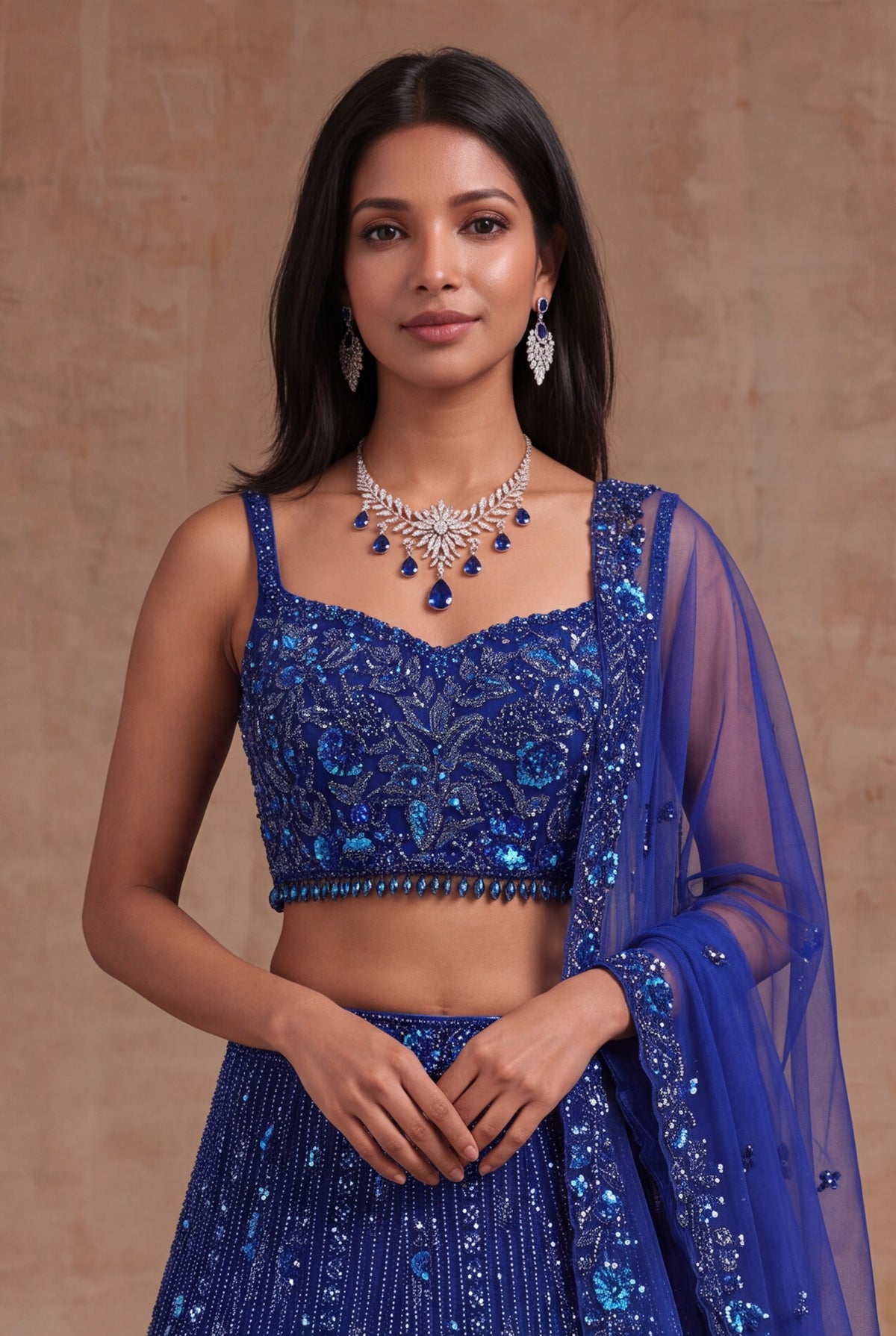 Royal Blue Net Lehenga with Sequin, Kutdana & Stone Embroidery - Mokshaa