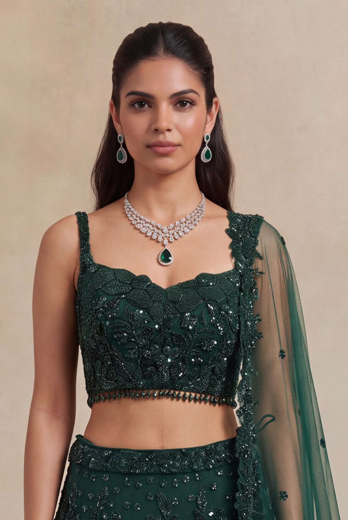 Bottle Green Net Lehenga with Sequin & Beadwork - Mokshaa
