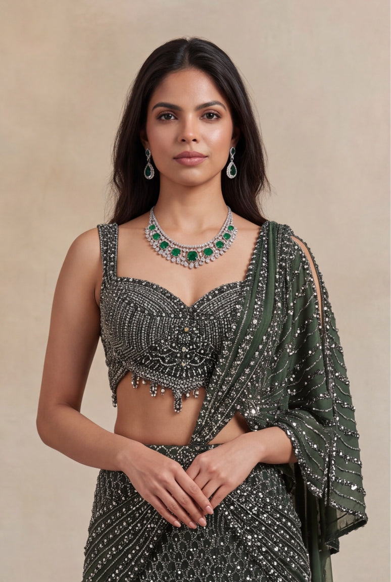Mehandi Green Net Lehenga - Mokshaa