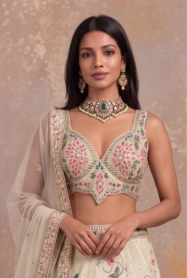 Pista Green Peacock & Floral Silk Lehenga - Mokshaa