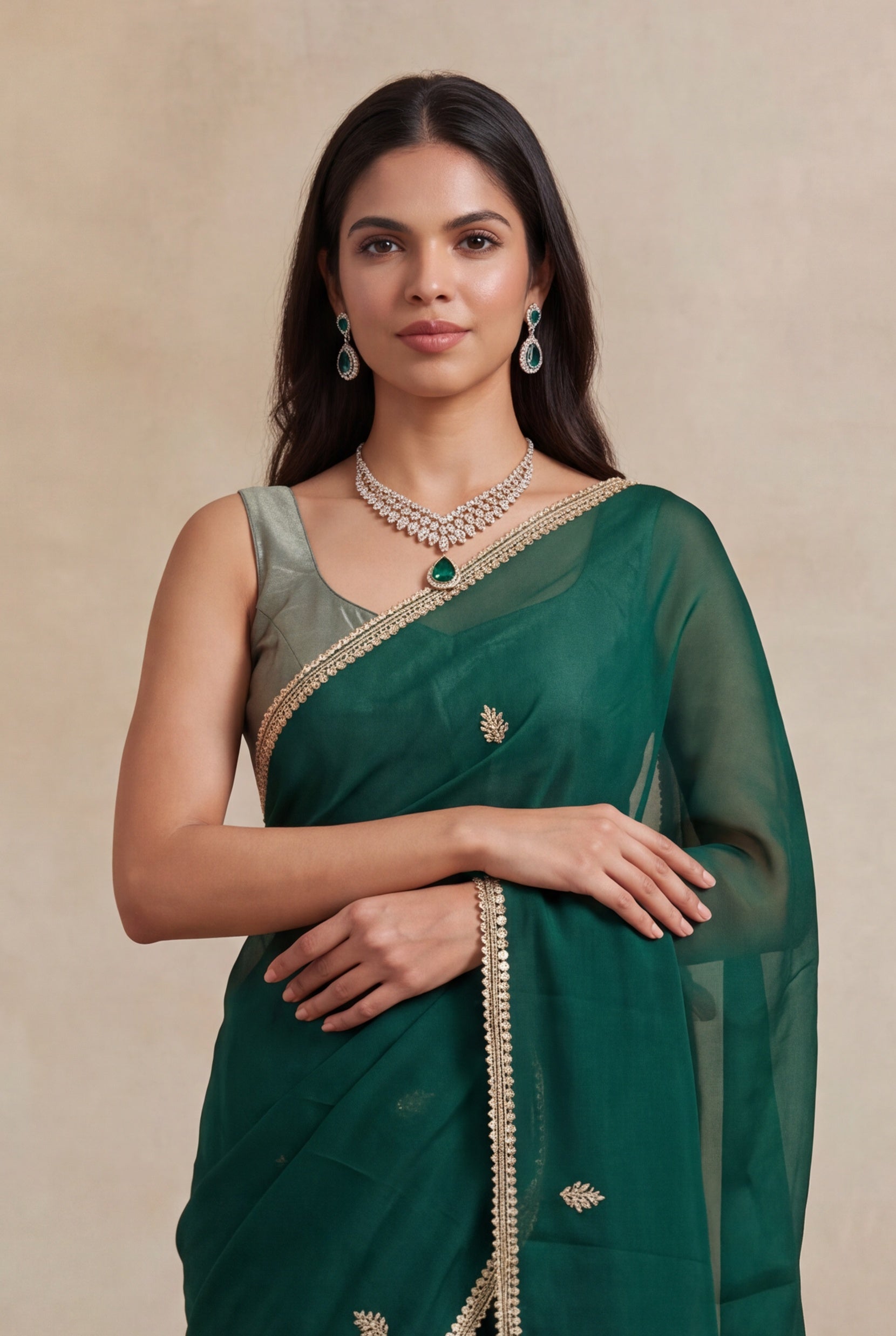 Emerald Green Organza Saree with Gold Sequin Work