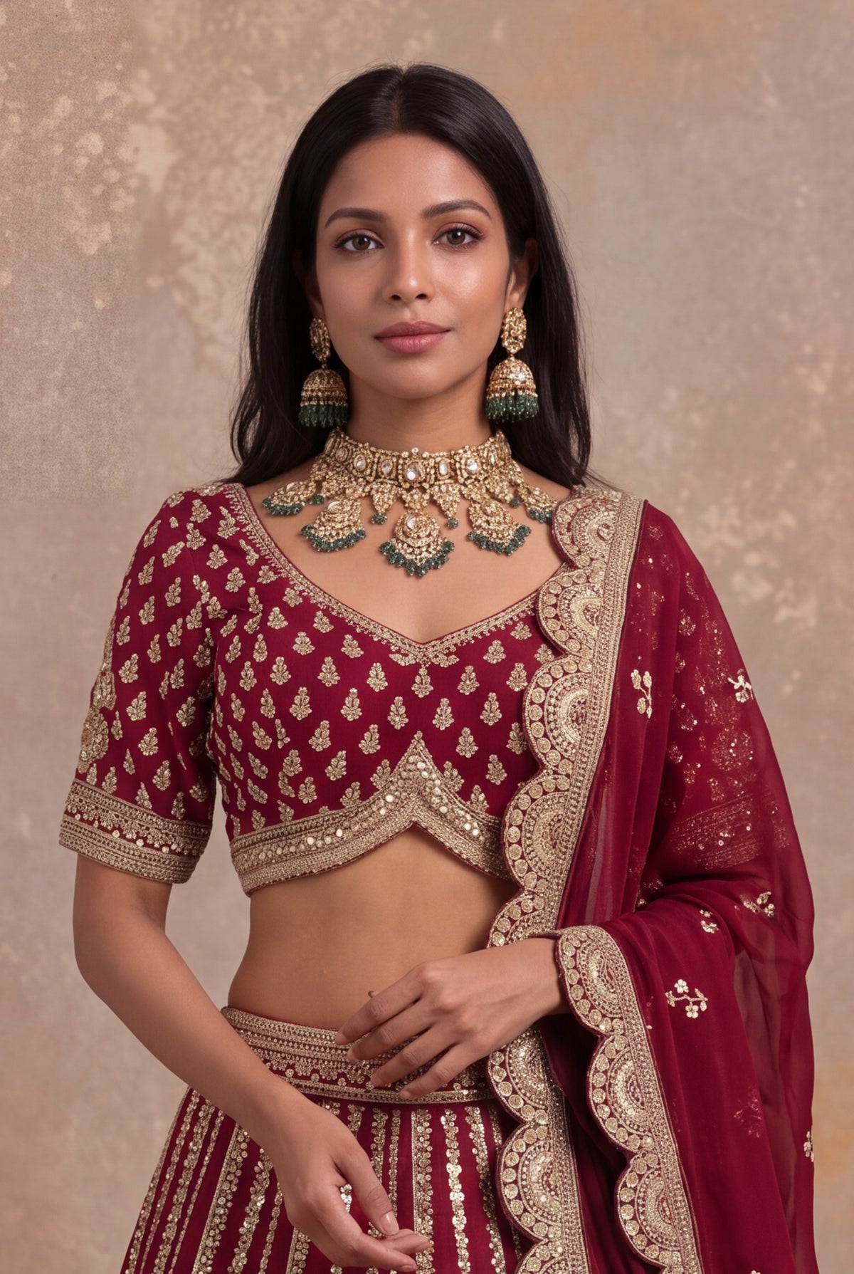 Maroon Raw Silk Lehenga Set with Cutdana Work - Mokshaa