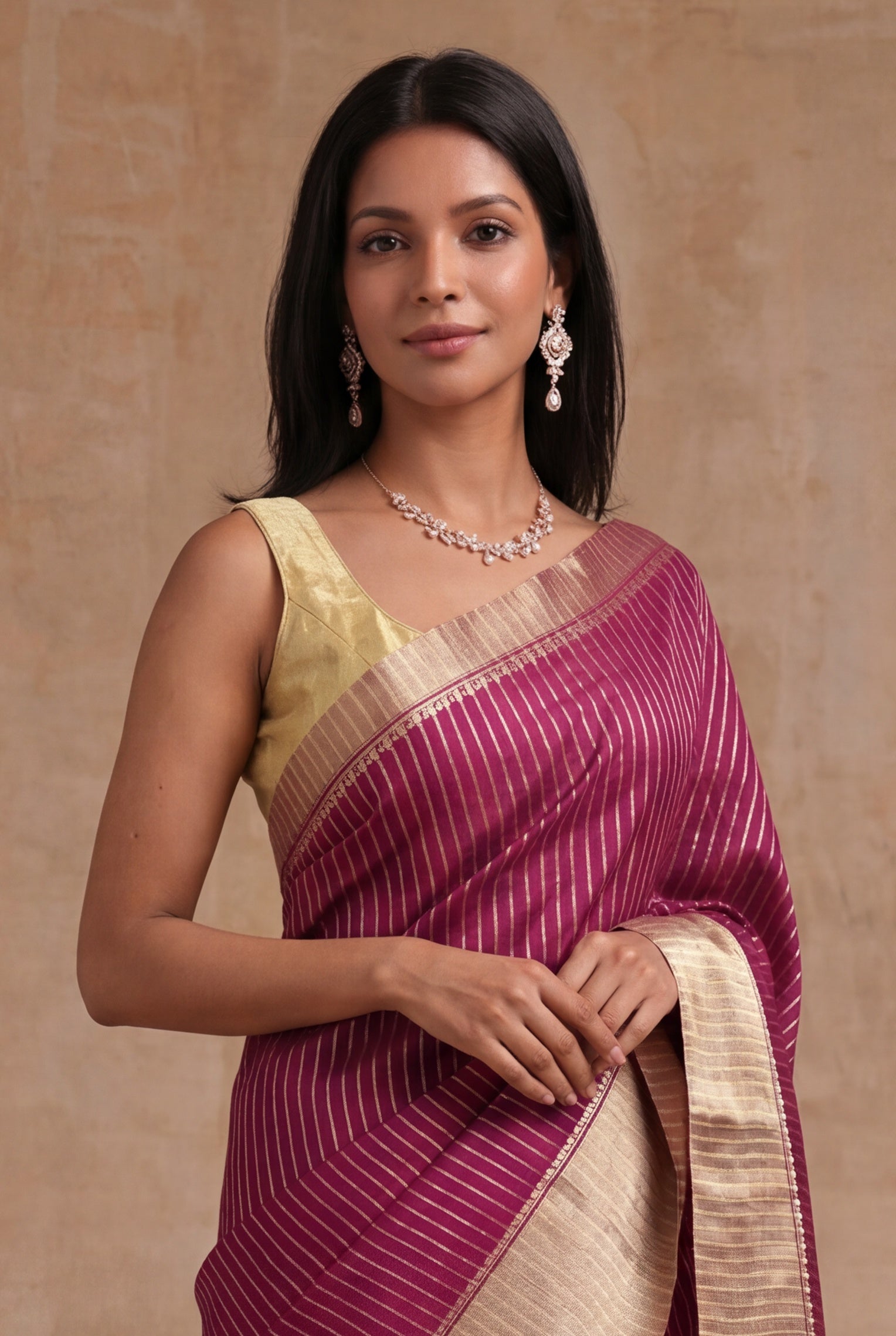 Wine Banarasi Chanderi Silk Saree