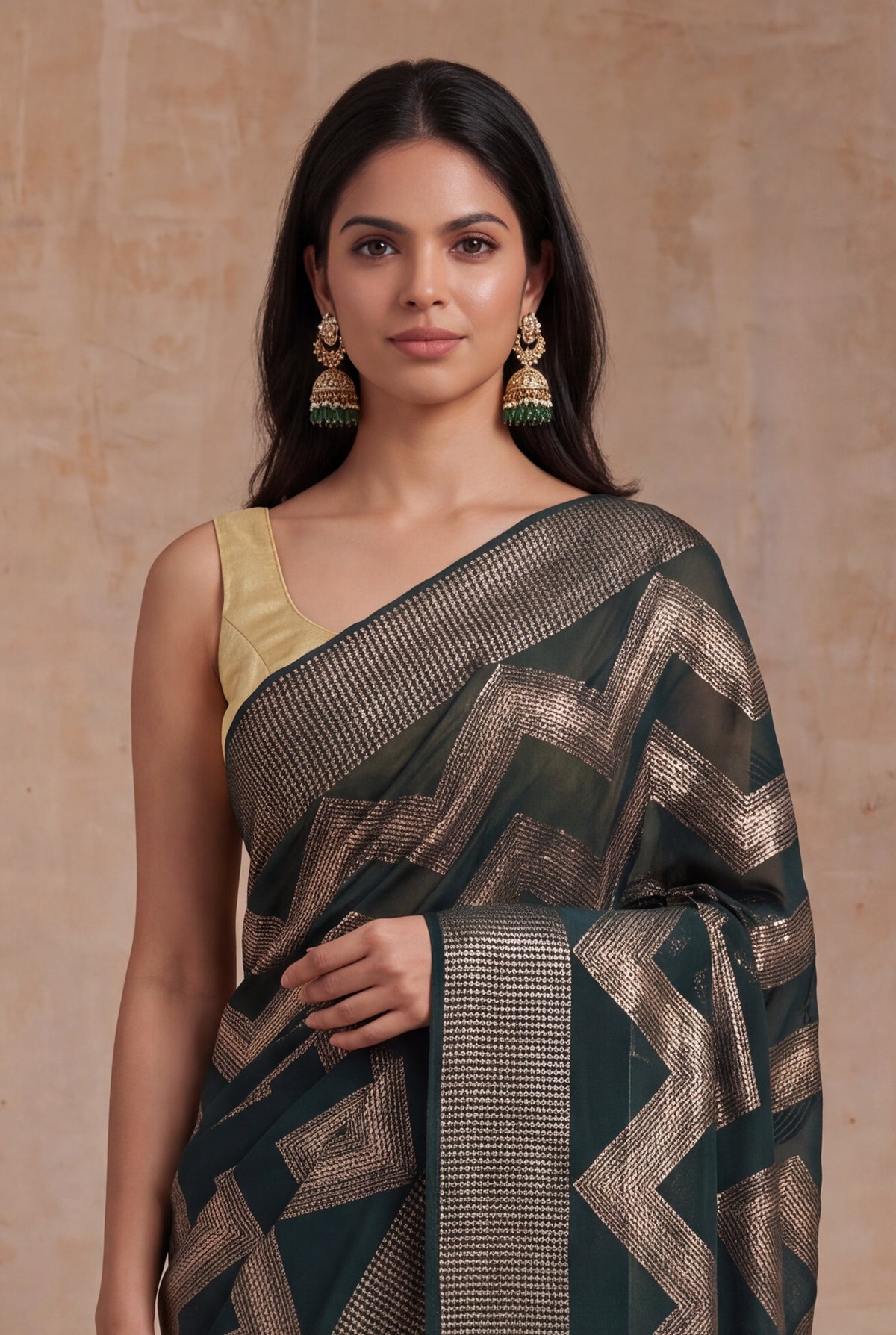 Bottle Green Georgette Sequin Wave Saree - Mokshaa