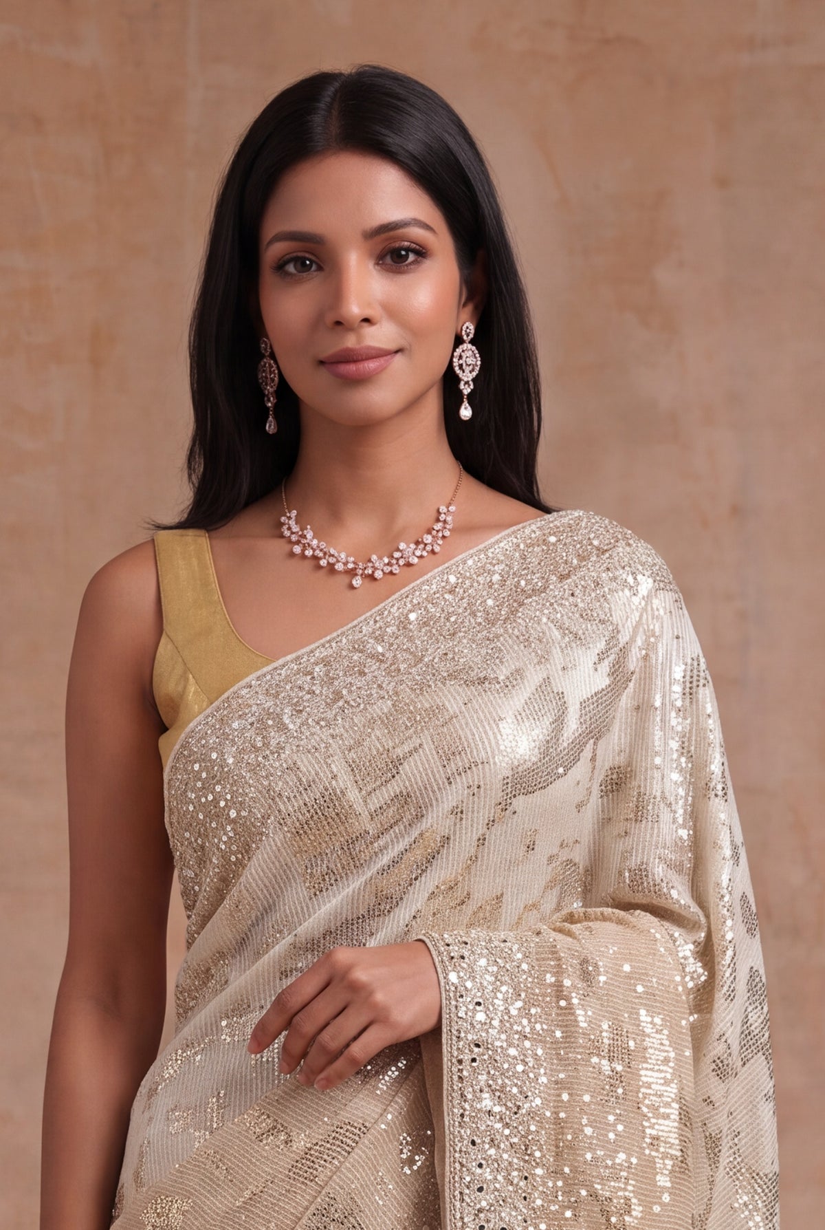 Gold Georgette Saree with Sequin & Mirror Work - Mokshaa