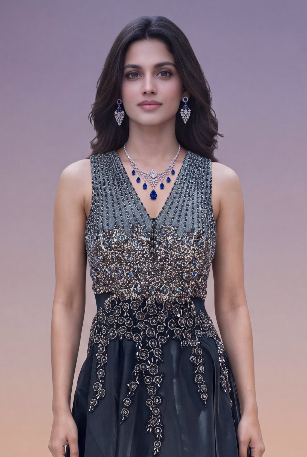 Slate Blue Organza Gown with Sequin & Cutdana Work - Mokshaa