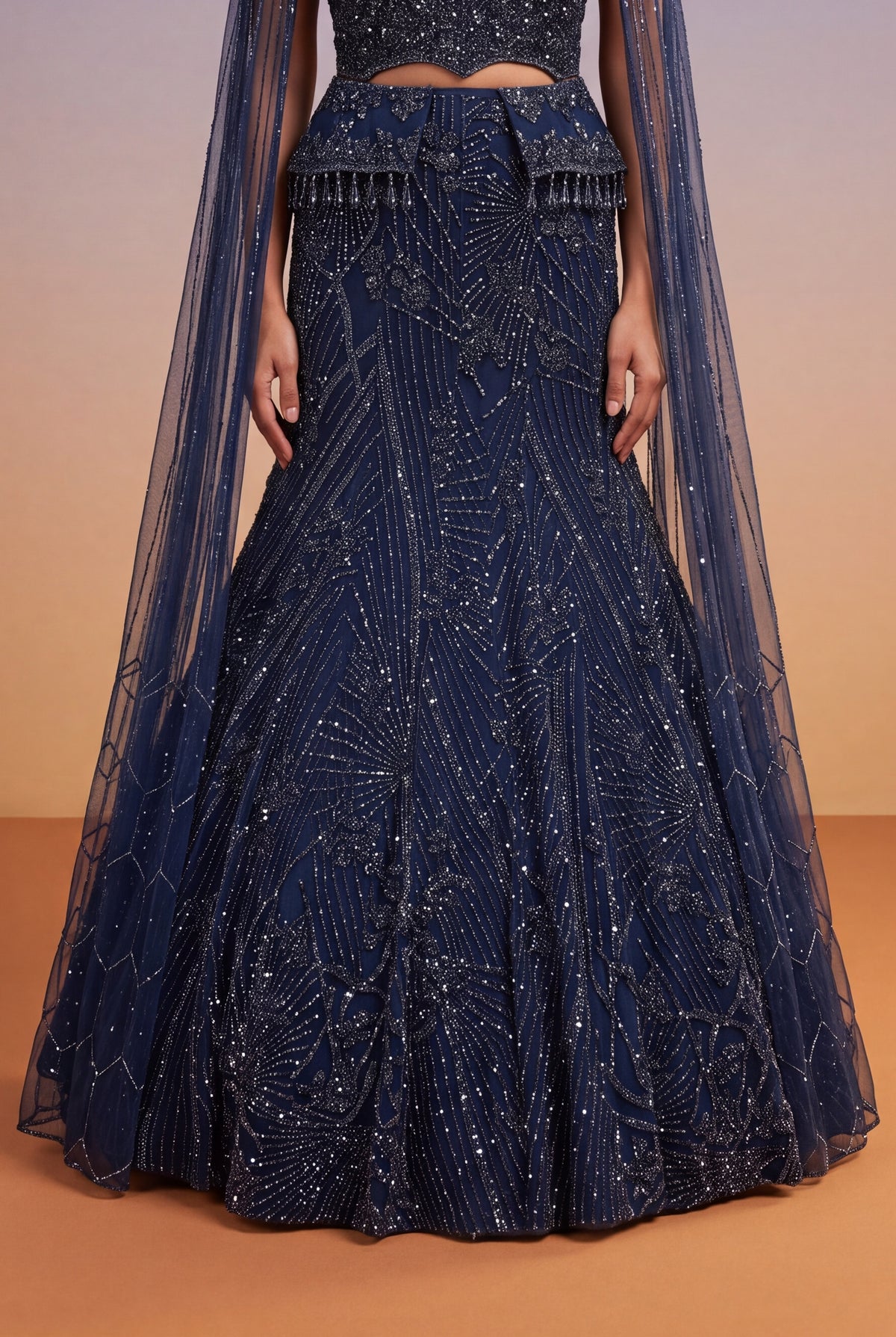 Navy Blue Embellished Fish-Cut Gown with Cape - Mokshaa