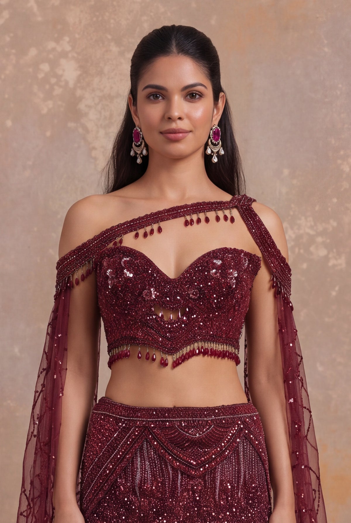Maroon Net Lehenga with Sequin, Cutdana and Bead Embroidery - Mokshaa