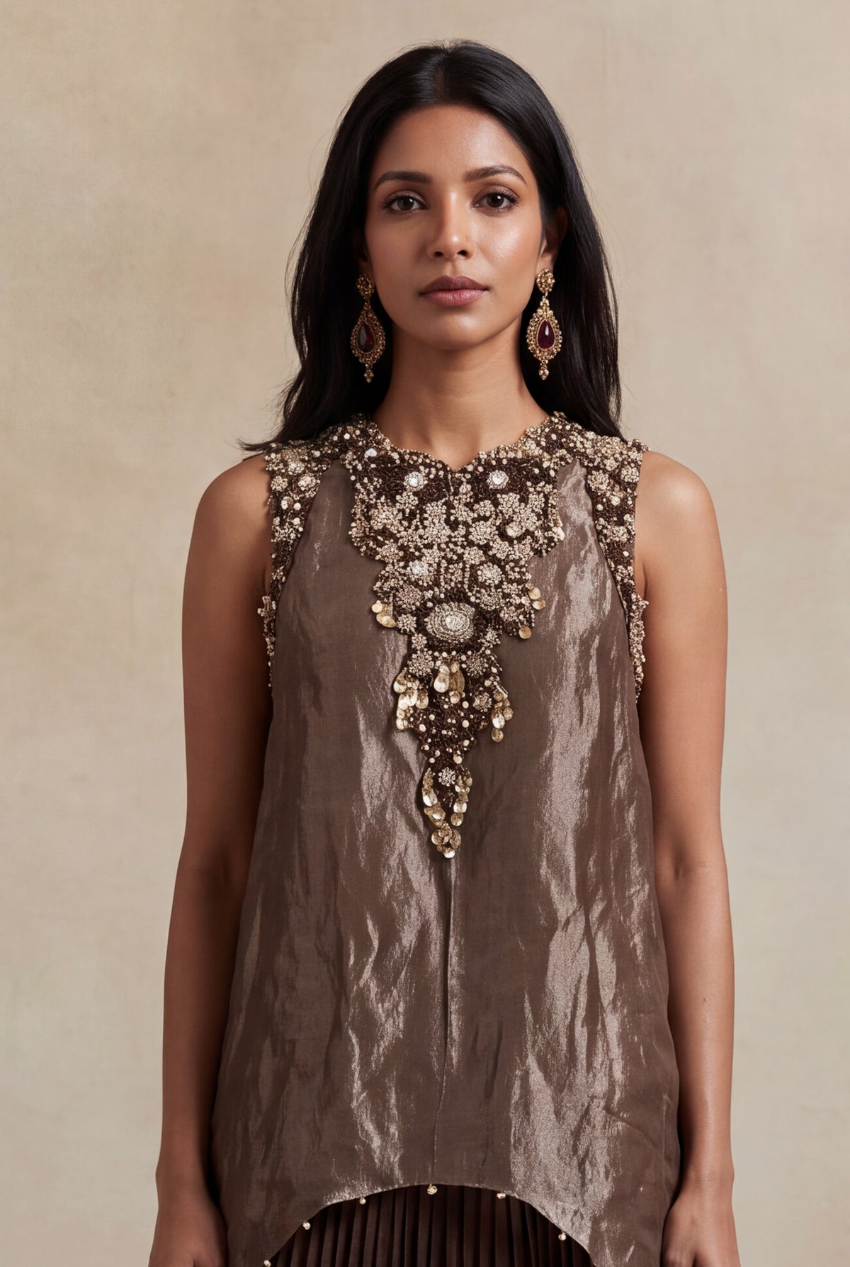 Bronze Crushed Tissue Top with Woven Silk Pleated Skirt - Mokshaa