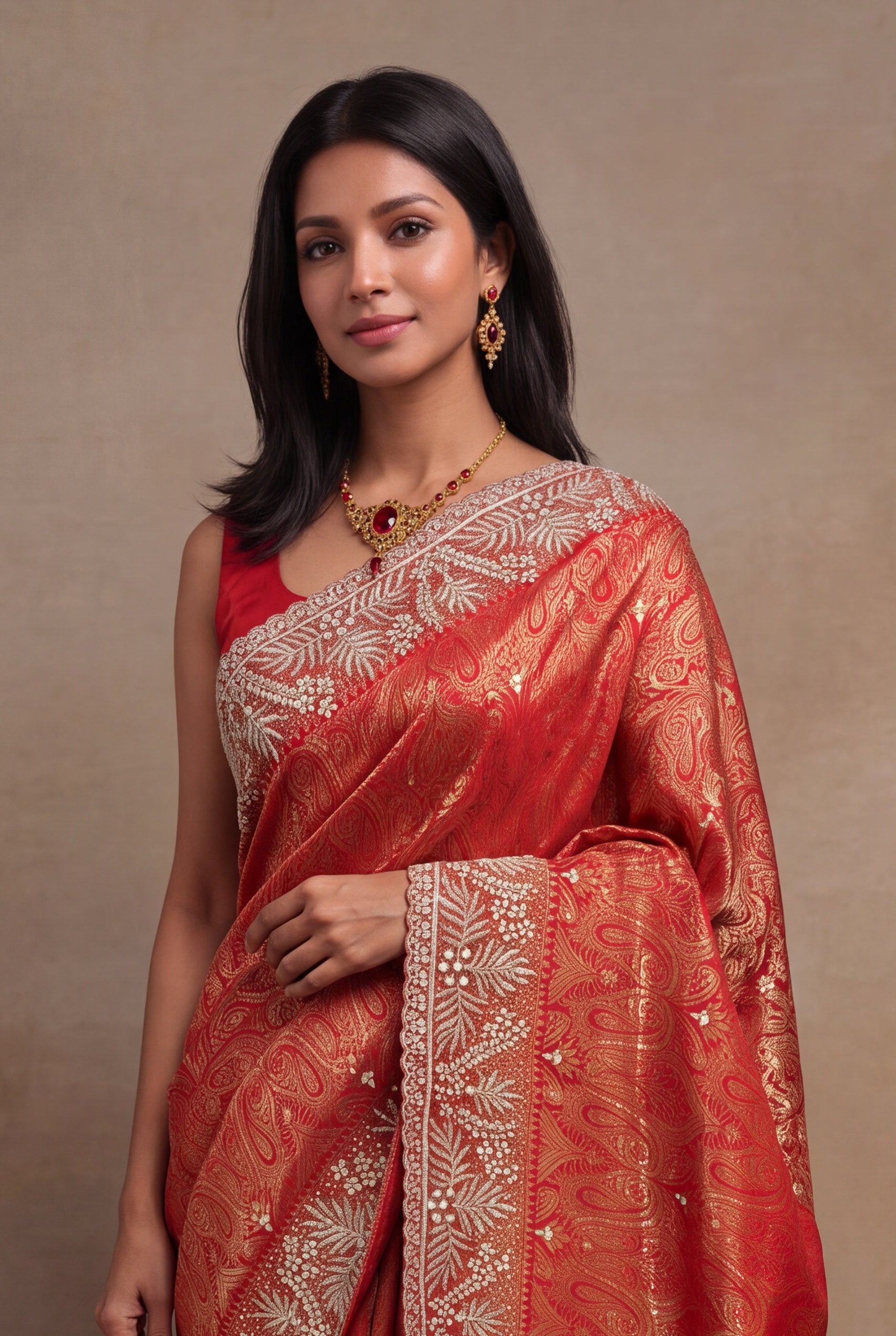 Red Banarasi Silk Saree with Embellished Border