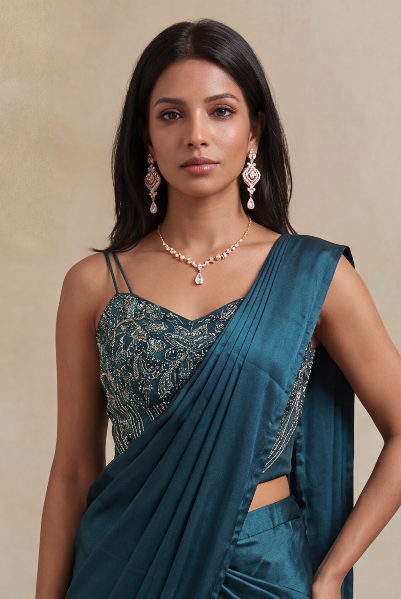 Bottle Green Satin Silk Pre-Draped Saree