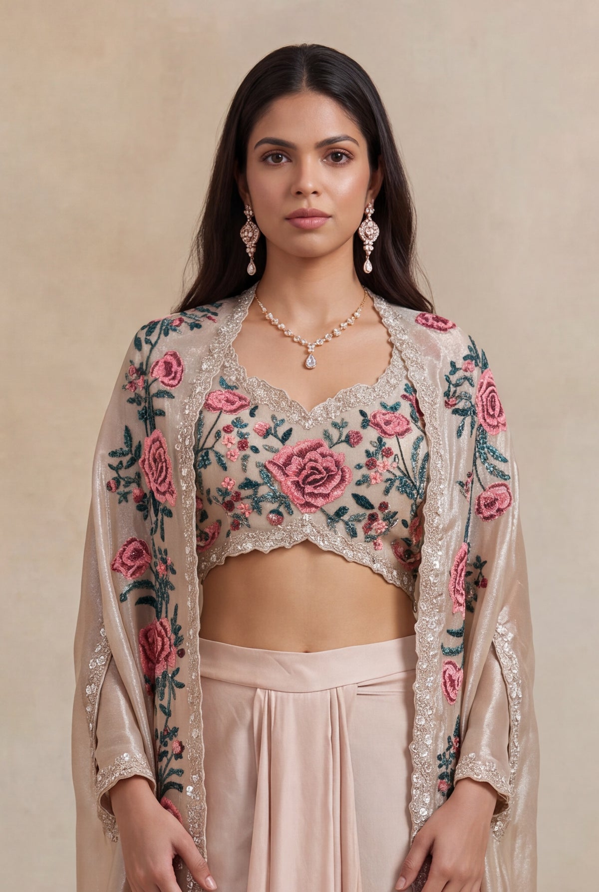 Blush Satin Floral Embroidered Indo-Western Cape Set - Mokshaa
