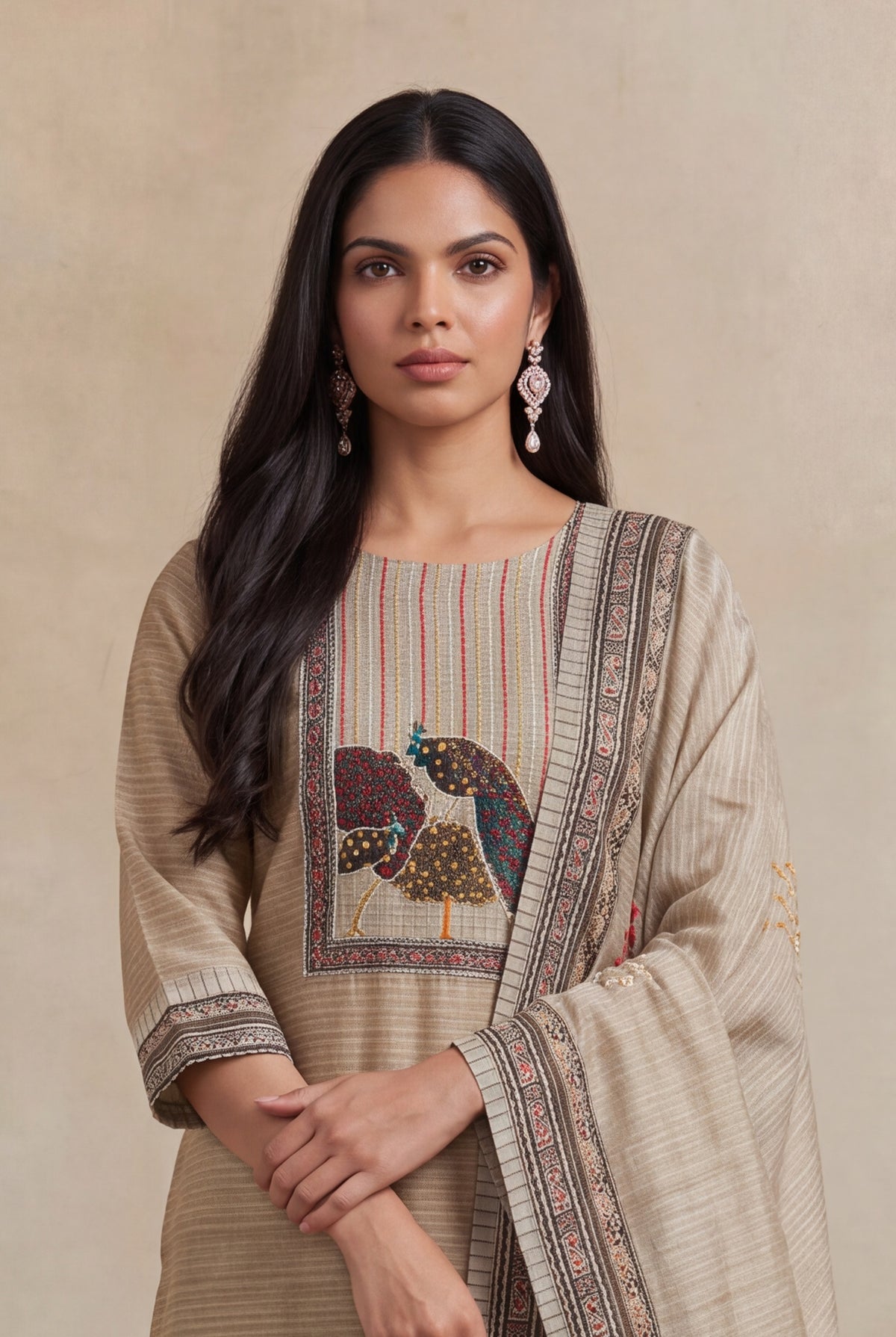 Beige Cotton Kurti Set - Mokshaa