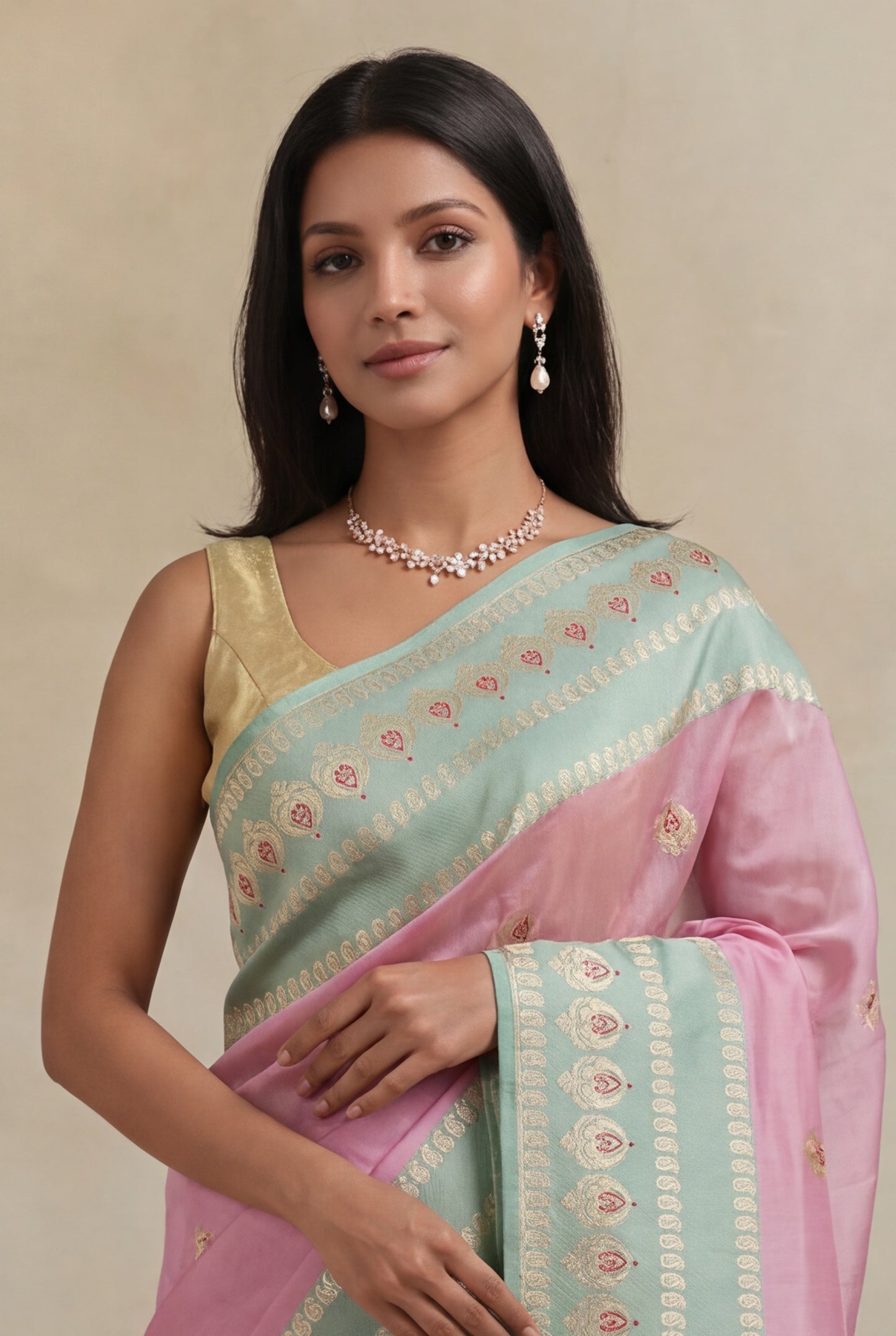Baby Pink Banarasi Kora Silk Saree
