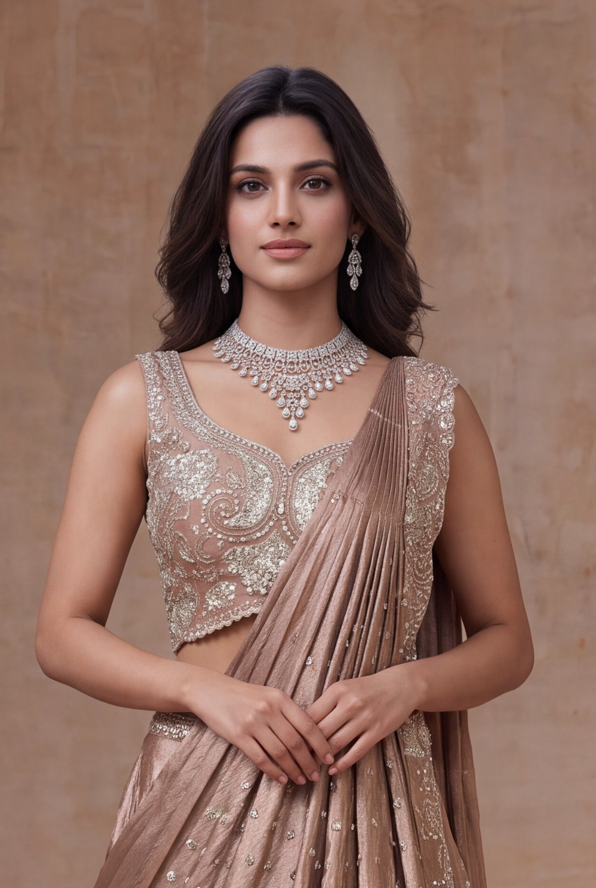 Rose Taupe Satin Silk Draped Lehenga with Sequin Work - Mokshaa