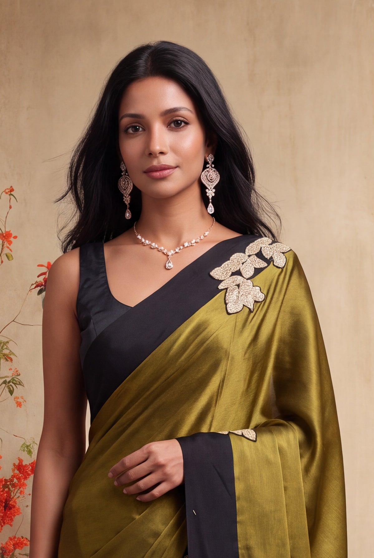 Olive Green Crepe Silk Saree - Mokshaa