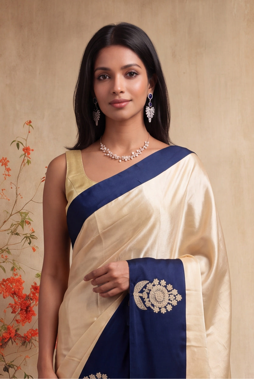 Ivory Crepe Silk Saree - Mokshaa