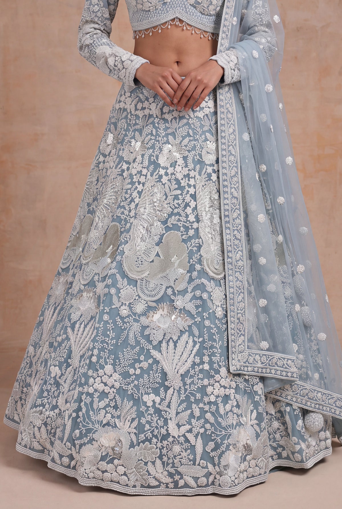 Sky Blue Net Lehenga with White Sequin and Pearl Work - Mokshaa