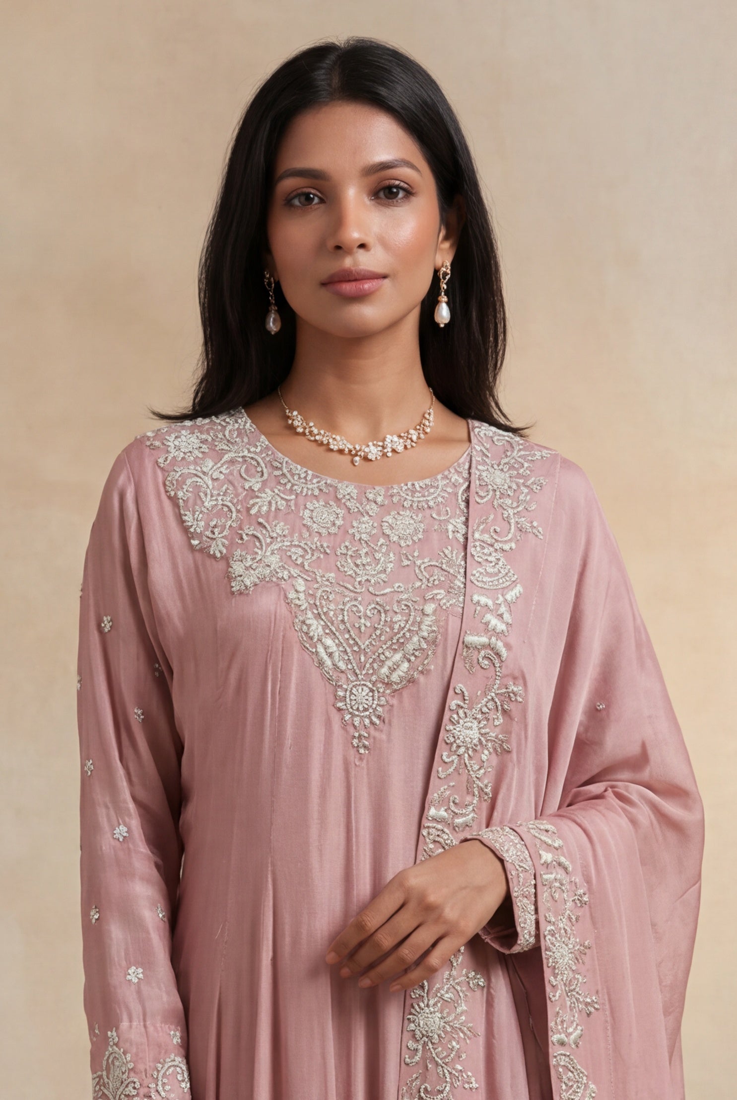 Peach Grape Fabric Embroidered Anarkali Suit Set with Dupatta