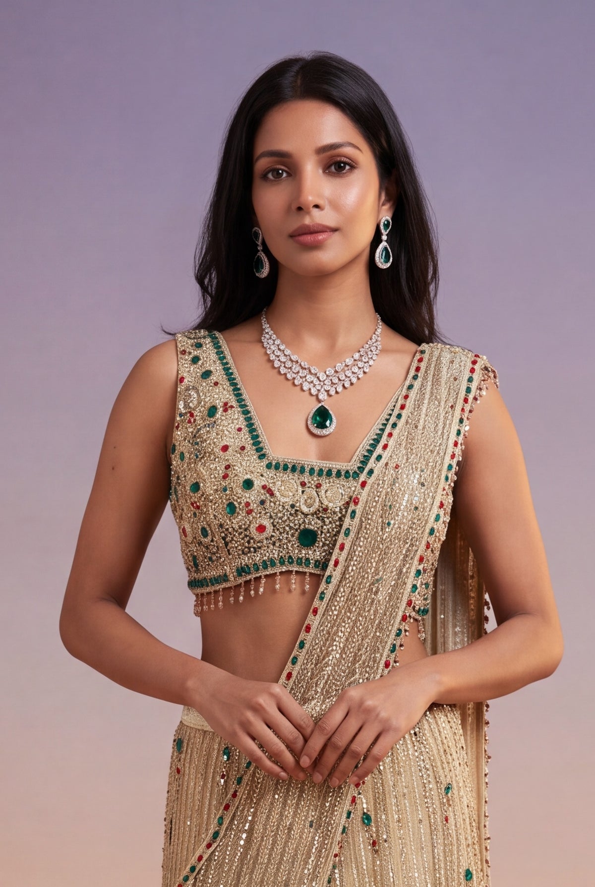 Gold Net Mermaid Lehenga with Jewel-Stone & Kutdana Embroidery - Mokshaa