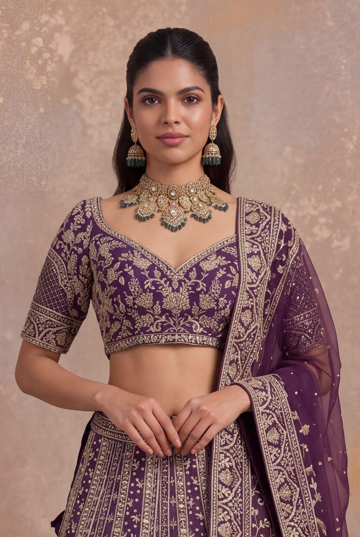 Plum Raw Silk Lehenga Set with Zardozi Embroidery - Mokshaa