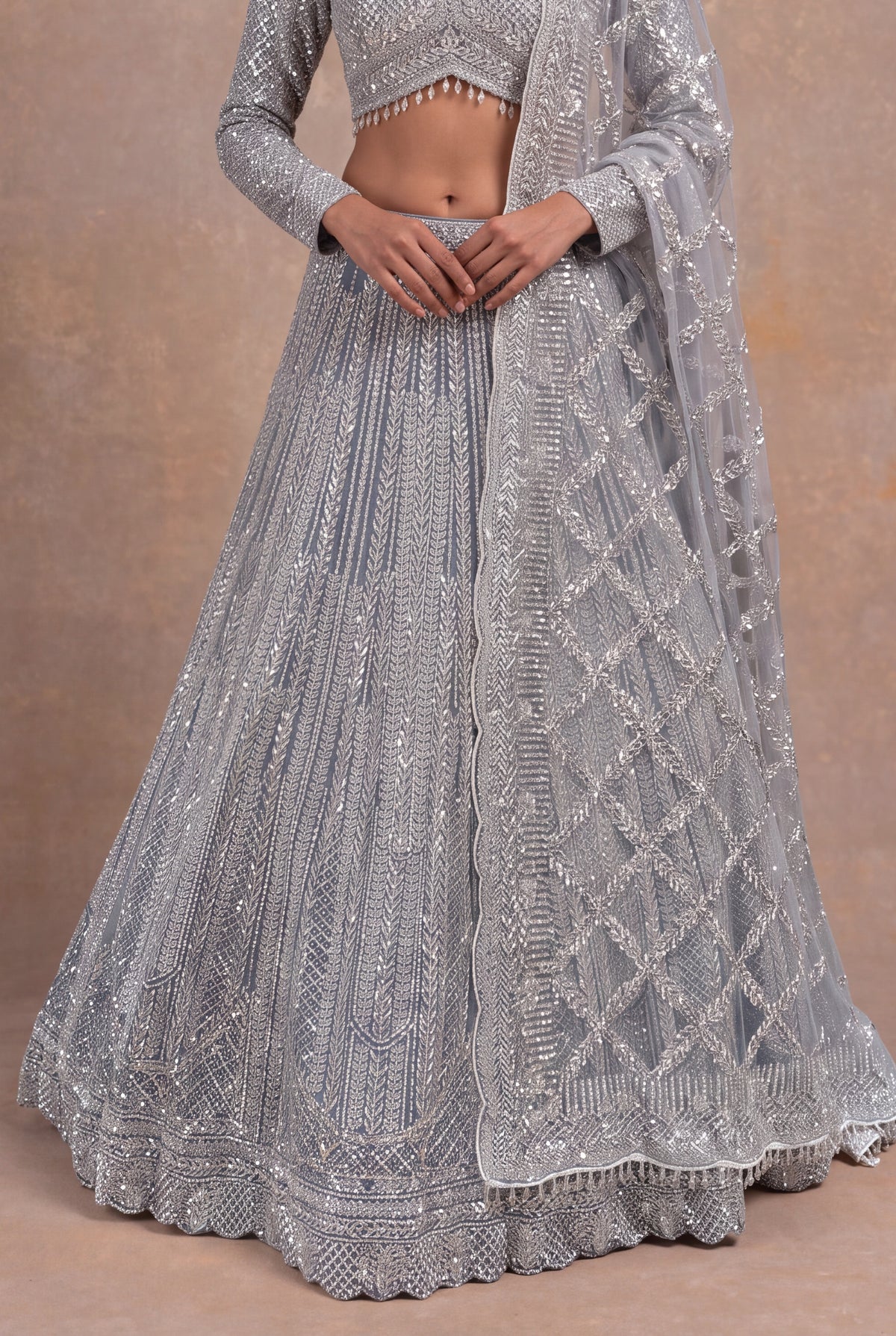 Ice Blue Net Sequin & Stone Embellished Lehenga Set - Mokshaa