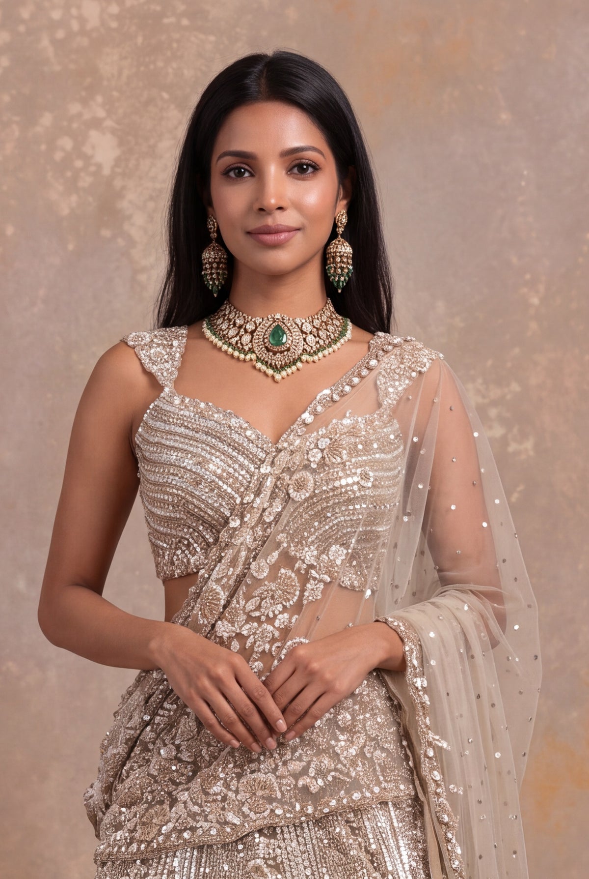Beige Gold Net Lehenga with Sequin and Bead Embroidery - Mokshaa