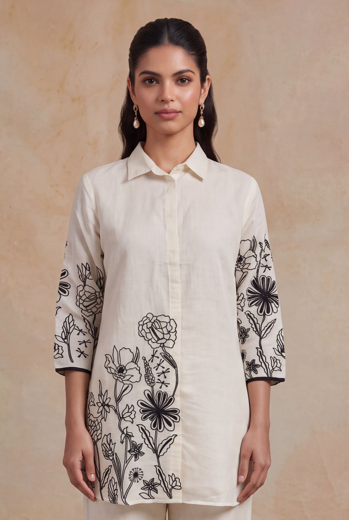 Ivory Chanderi Cotton Floral Embroidered Co-ord Set - Mokshaa